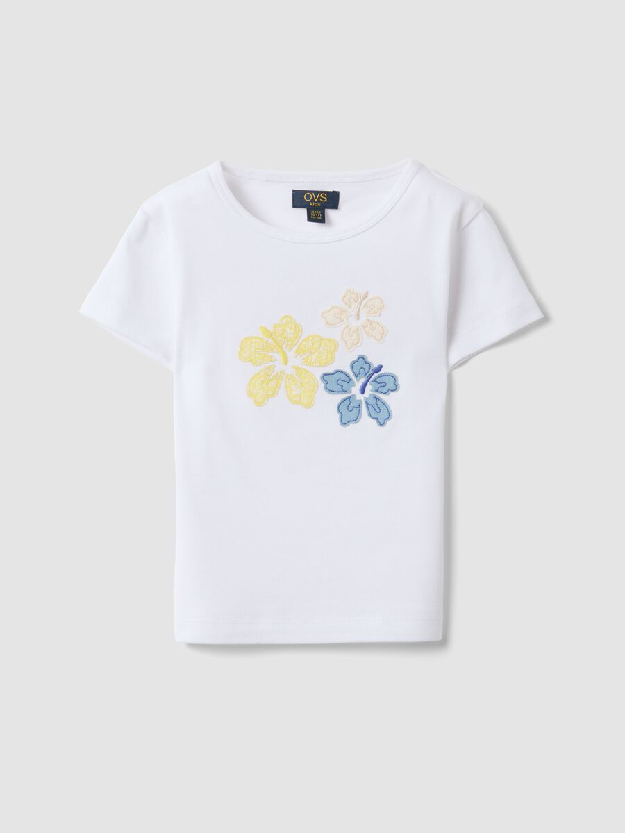 White pure cotton T-shirt with embroidered flowers_0