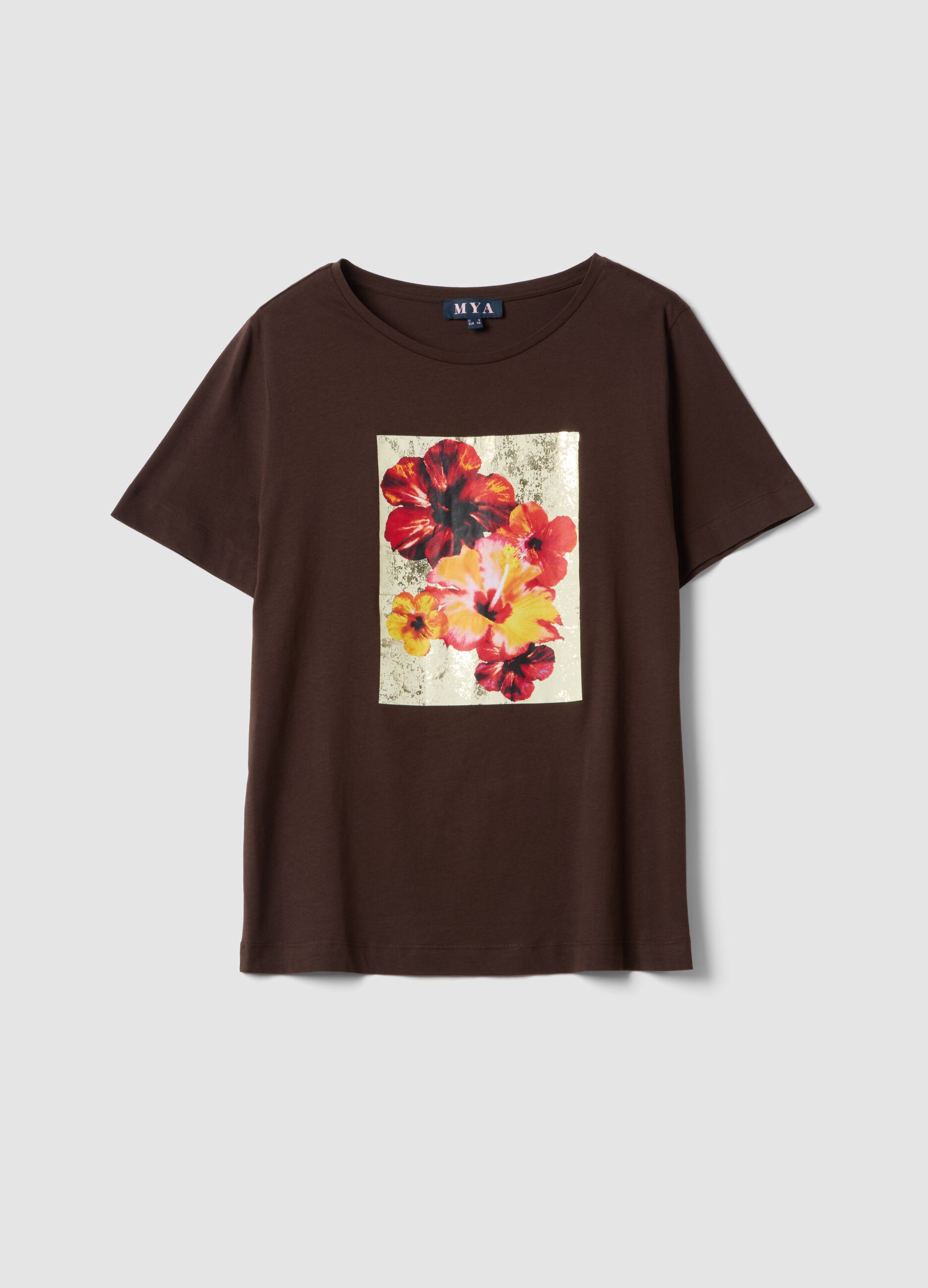 Brown pure cotton T-shirt with print, regular fit