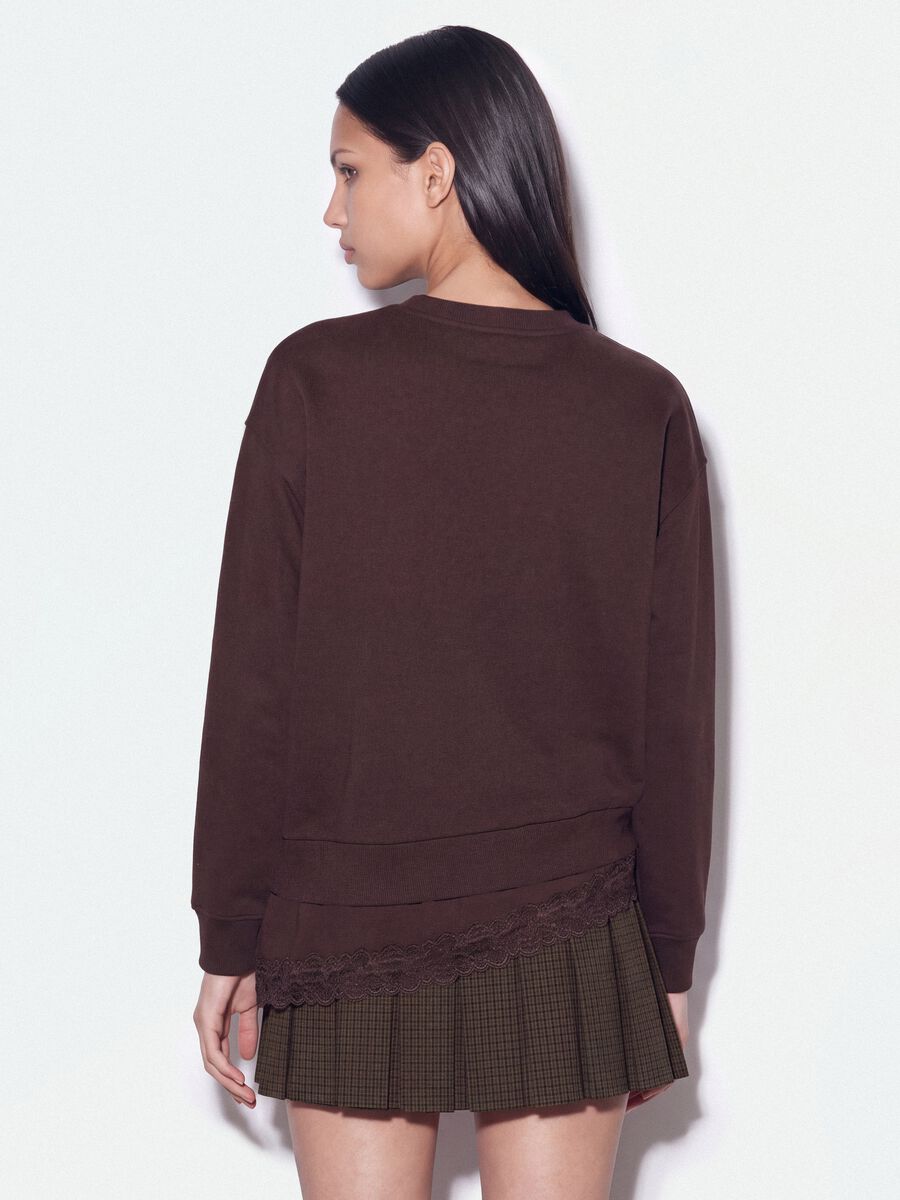 Brown cotton-blend crew-neck sweatshirt with lace detail_3