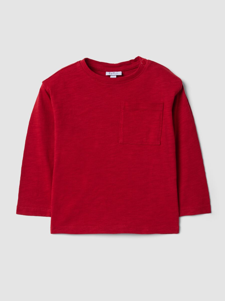 T-shirt rossa in puro cotone organico con girocollo e taschino_0