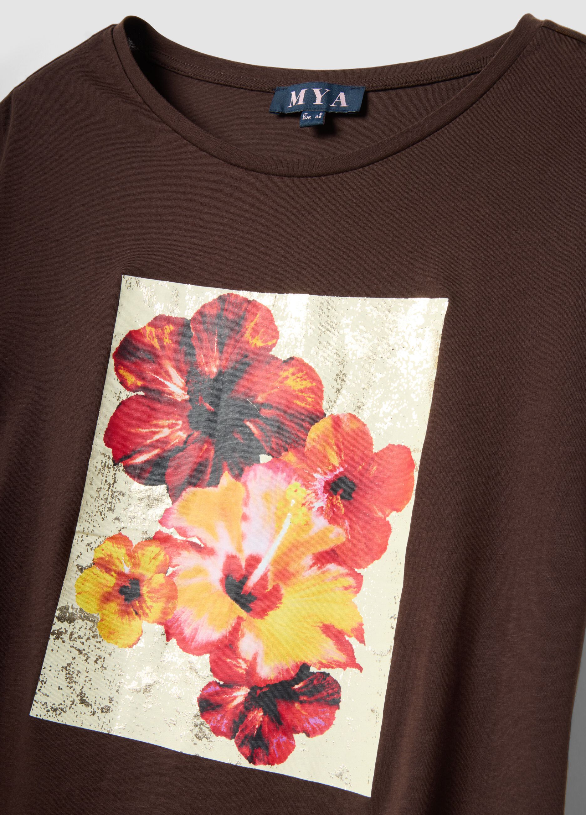 Brown pure cotton T-shirt with print, regular fit