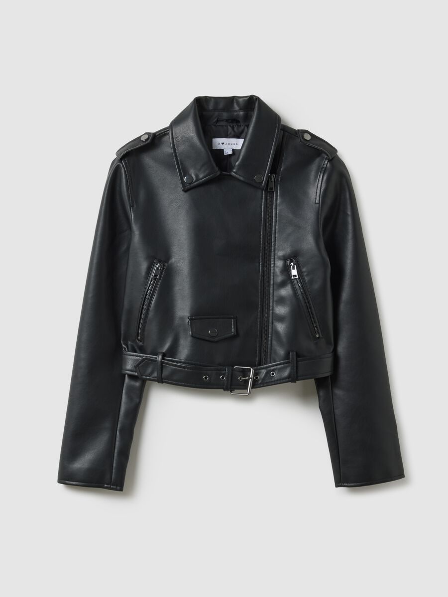 Black biker jacket regular fit with metallic details and diagonal zip_4