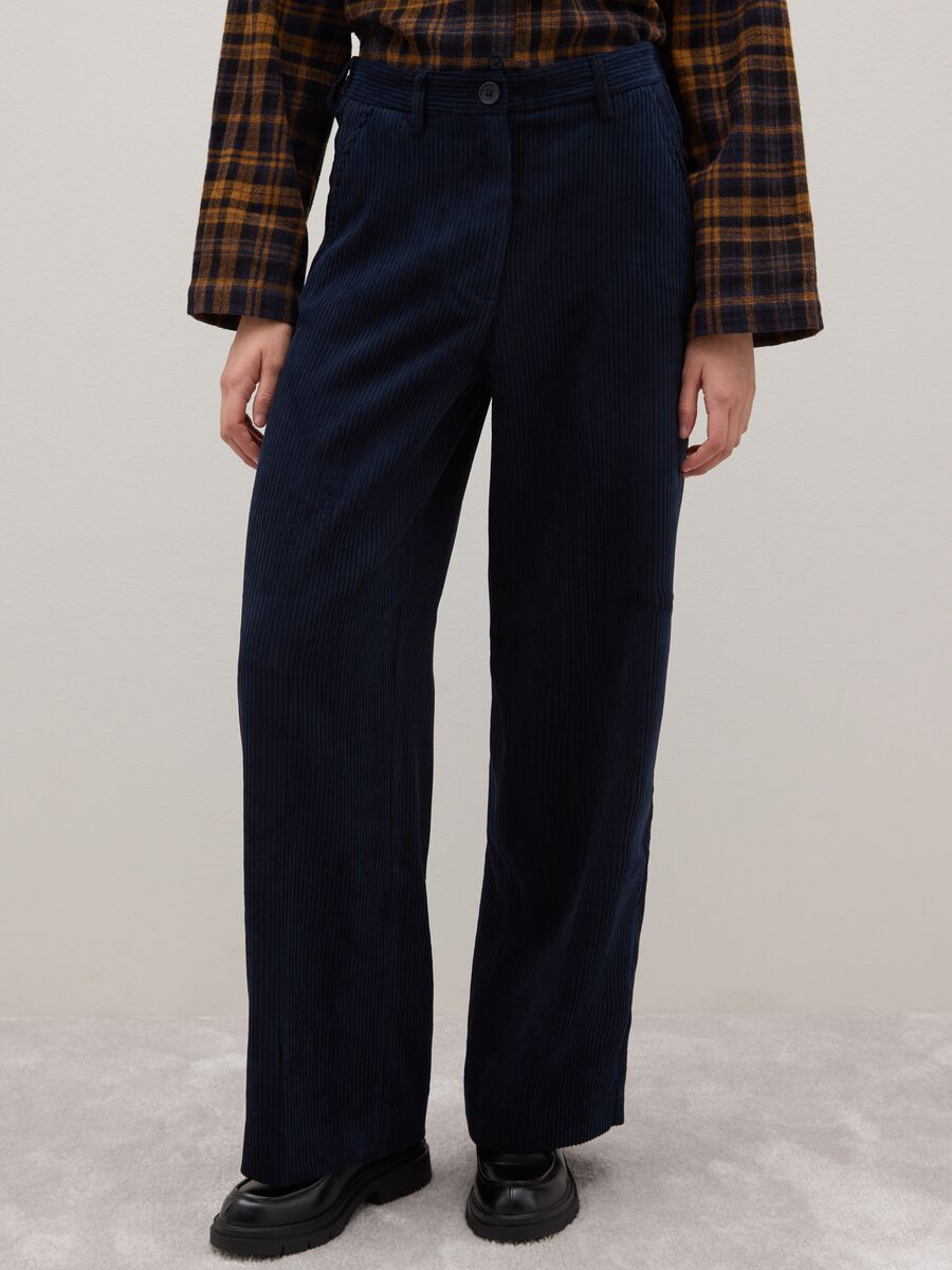 Blue ribbed regular fit stretch fabric trousers_1