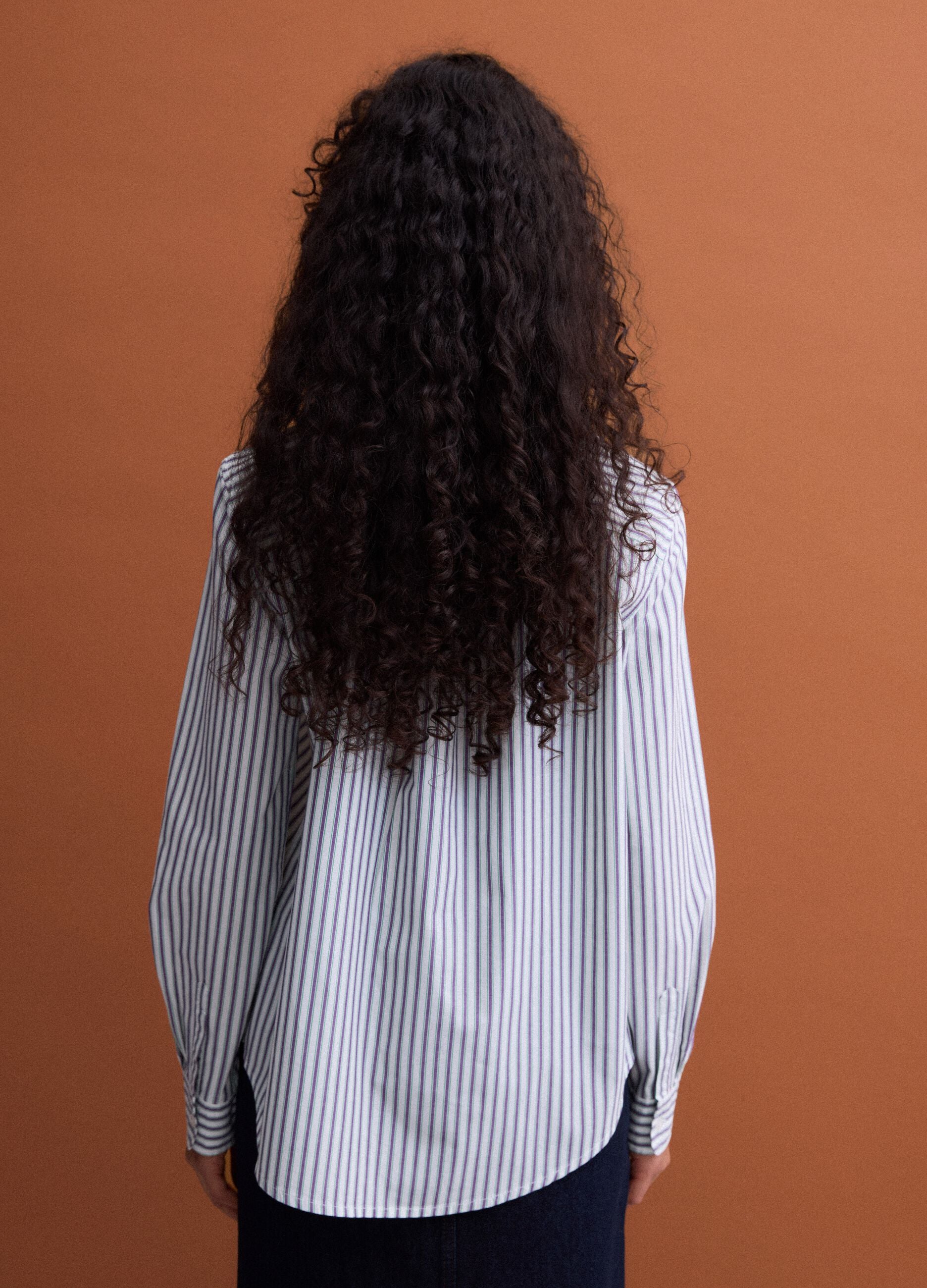 White cotton poplin shirt with purple stripes, regular fit