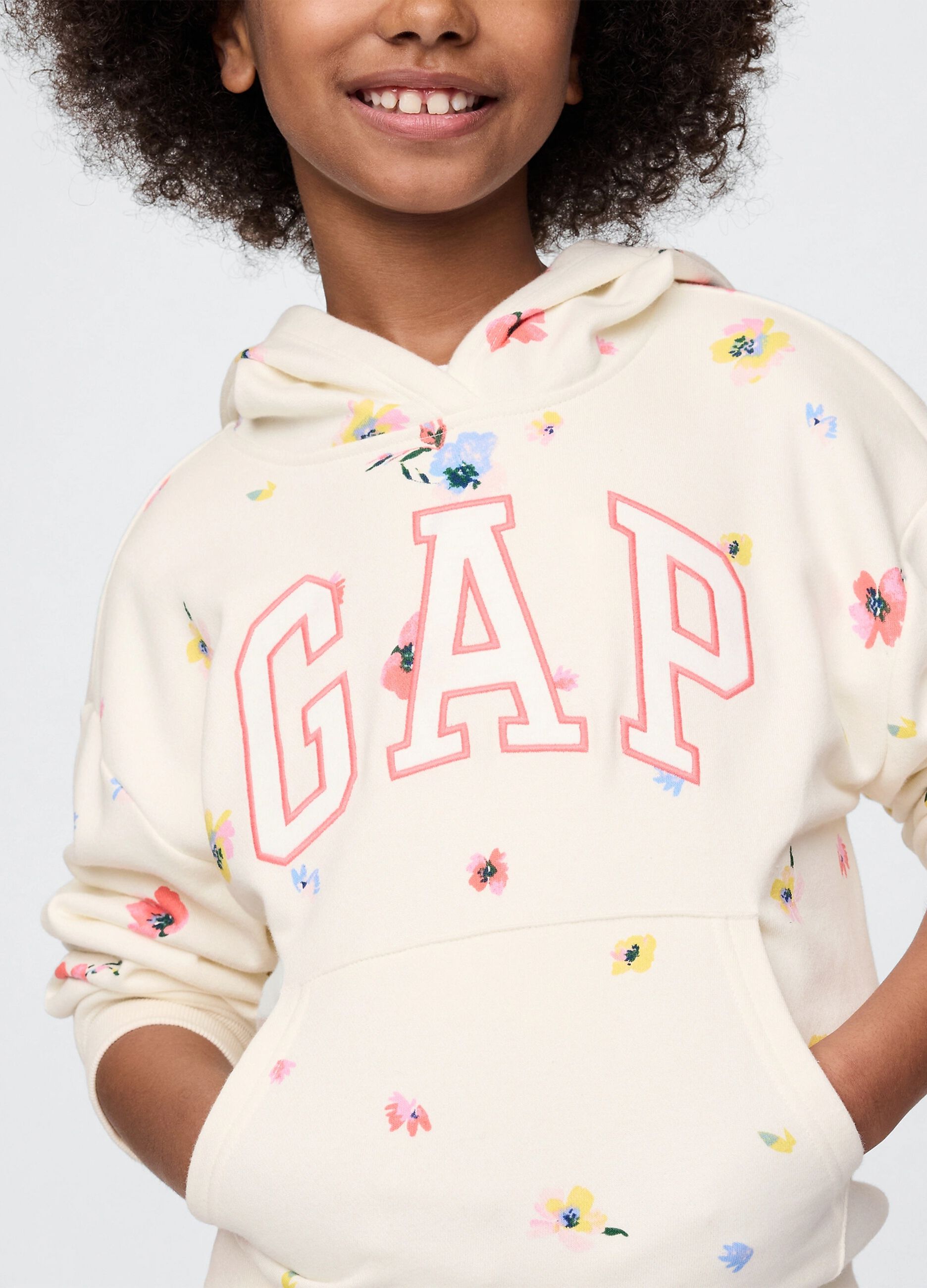 Felpa bianca con cappuccio stampa fiori e ricamo logo