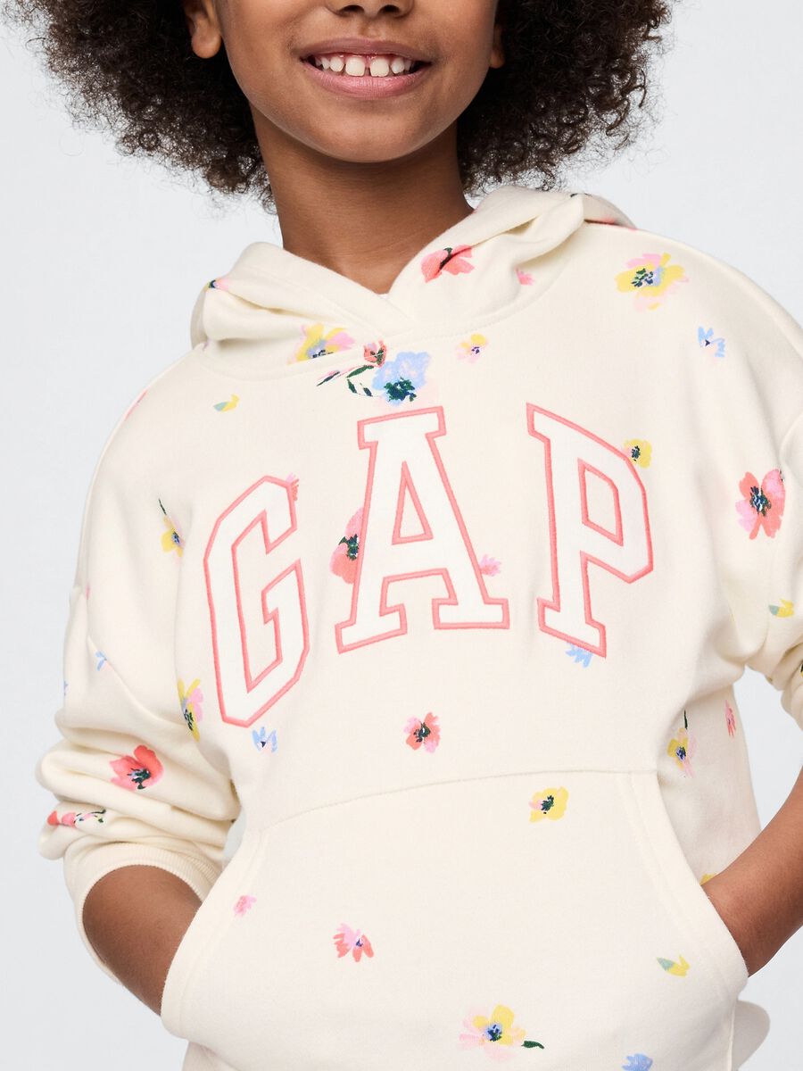 White sweatshirt with hood, flowers print and logo embroidery_3