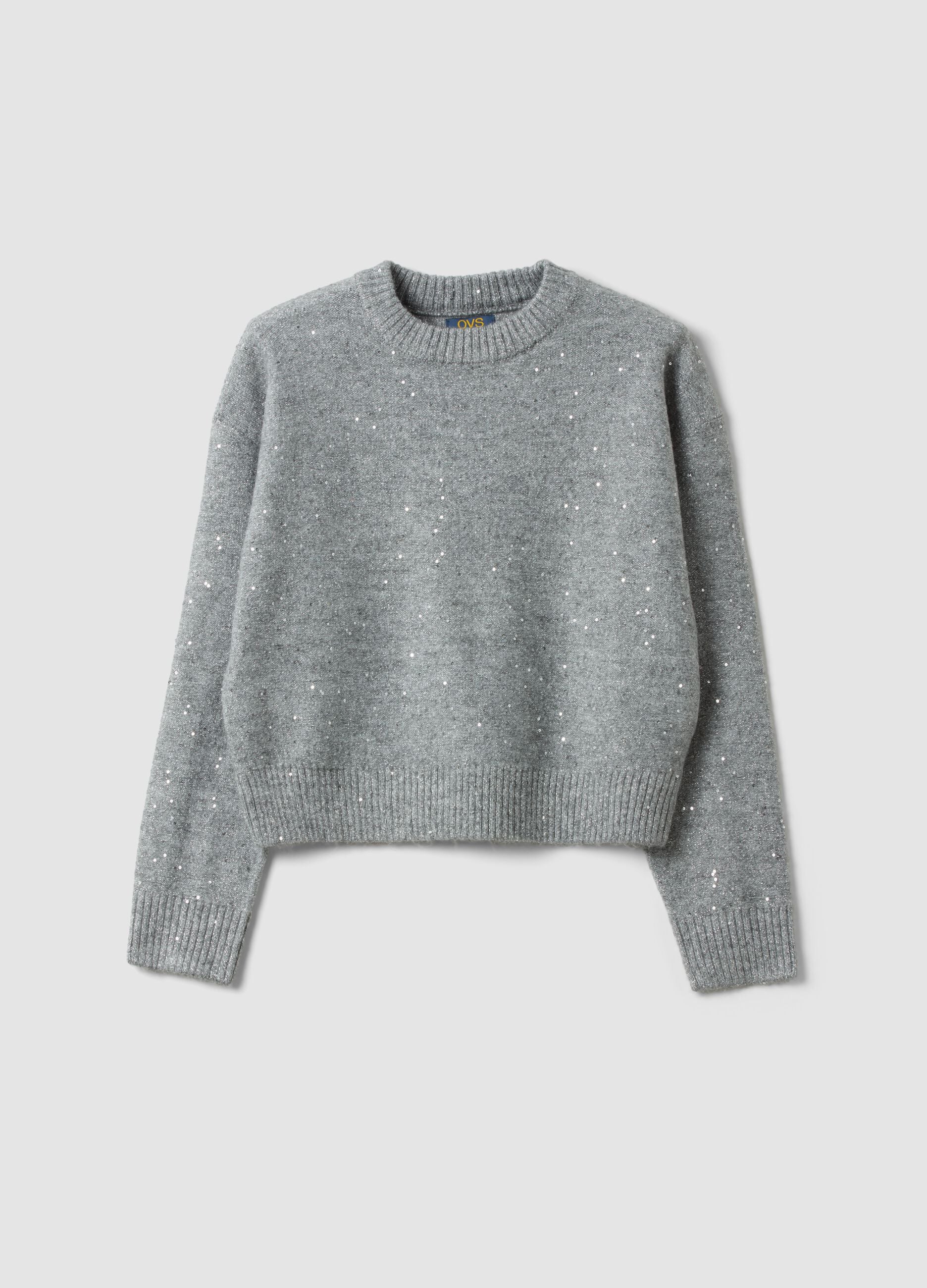 Grey marl stretch jersey top with sequins, regular fit
