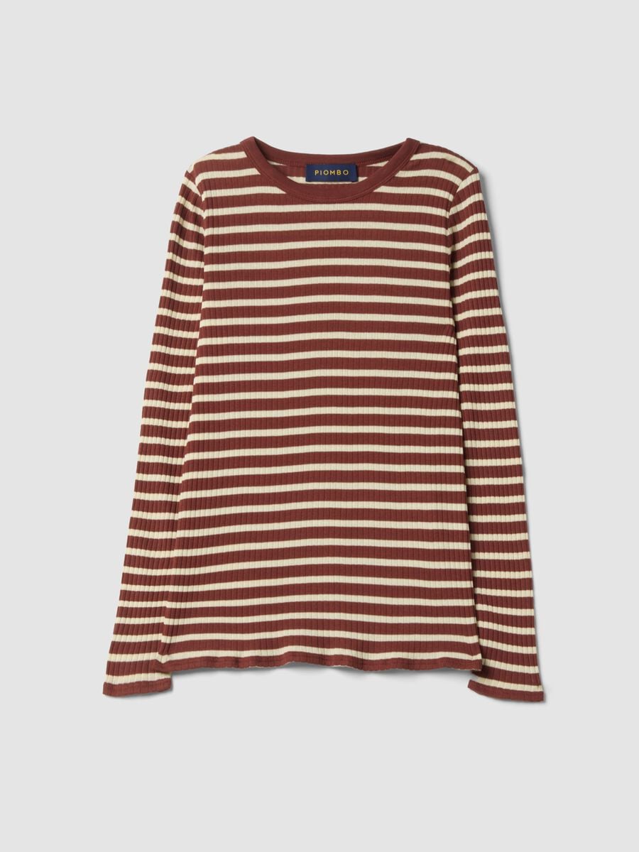 T-shirt marrone a righe in puro cotone a coste regular fit_0