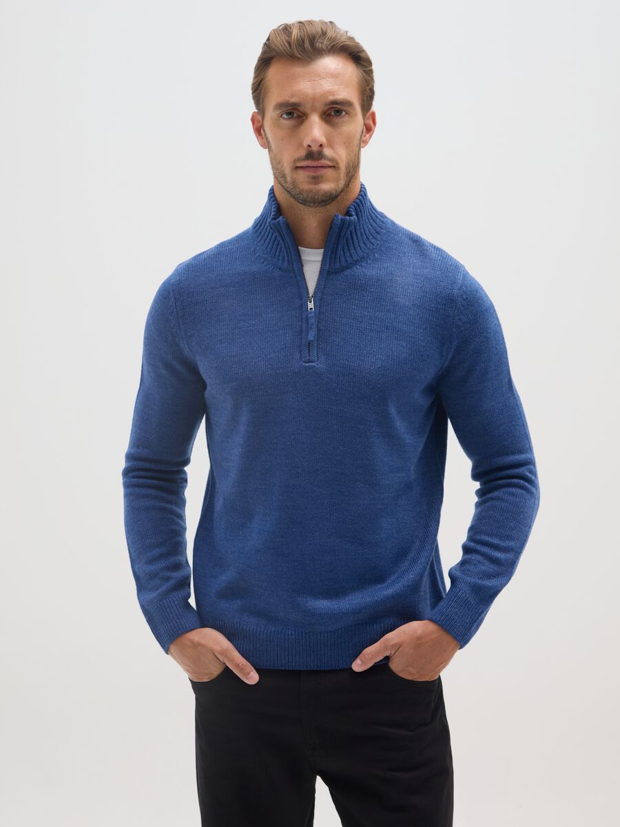 Blue high-neck regular fit jumper with short zip_0