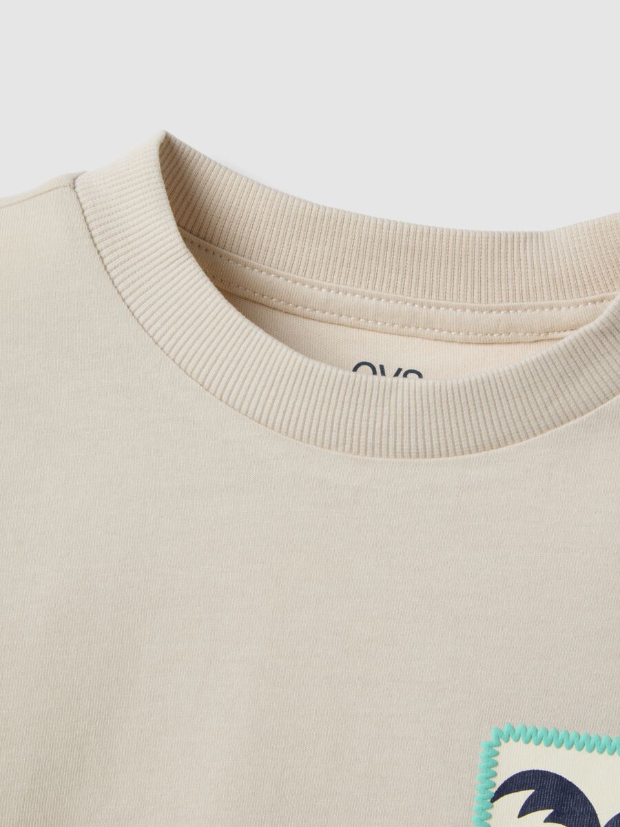 Children's beige pure cotton T-shirt, regular fit with palm print_3