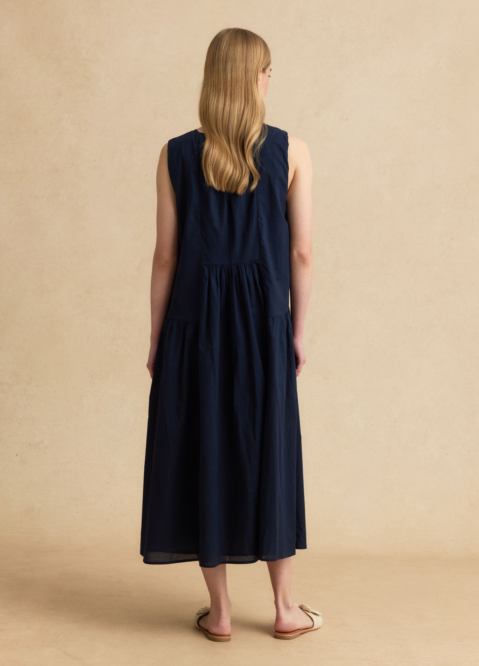 Blue pure cotton midi dress, regular fit with ruching