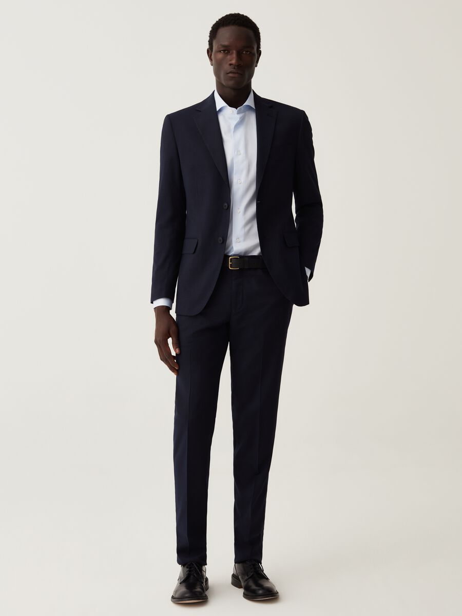 Pantalone slim fit micro trama a quadri blu navy_0