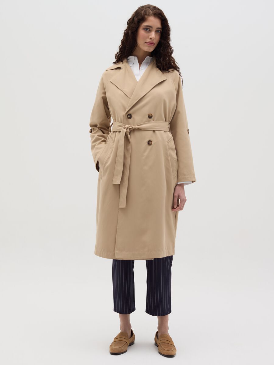 Double-breasted trench coat with buttons and belt_0