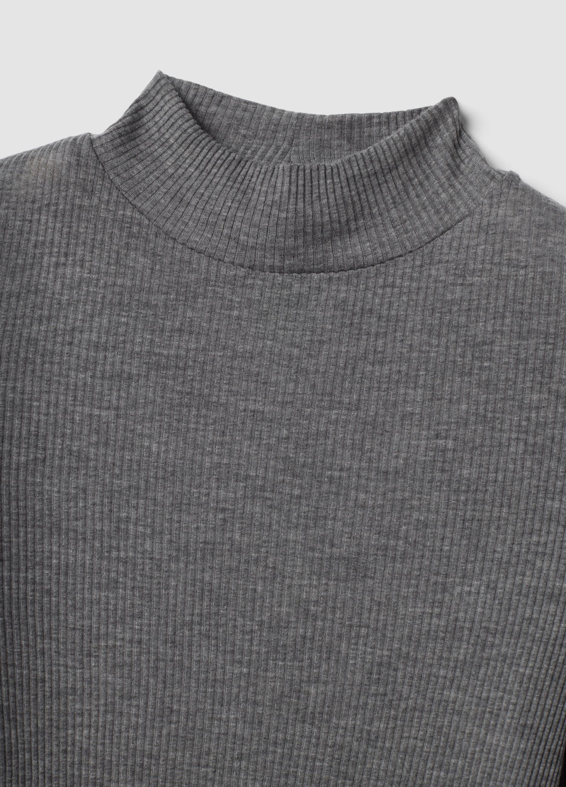 Grey ribbed lyocell and wool blend T-shirt, regular fit