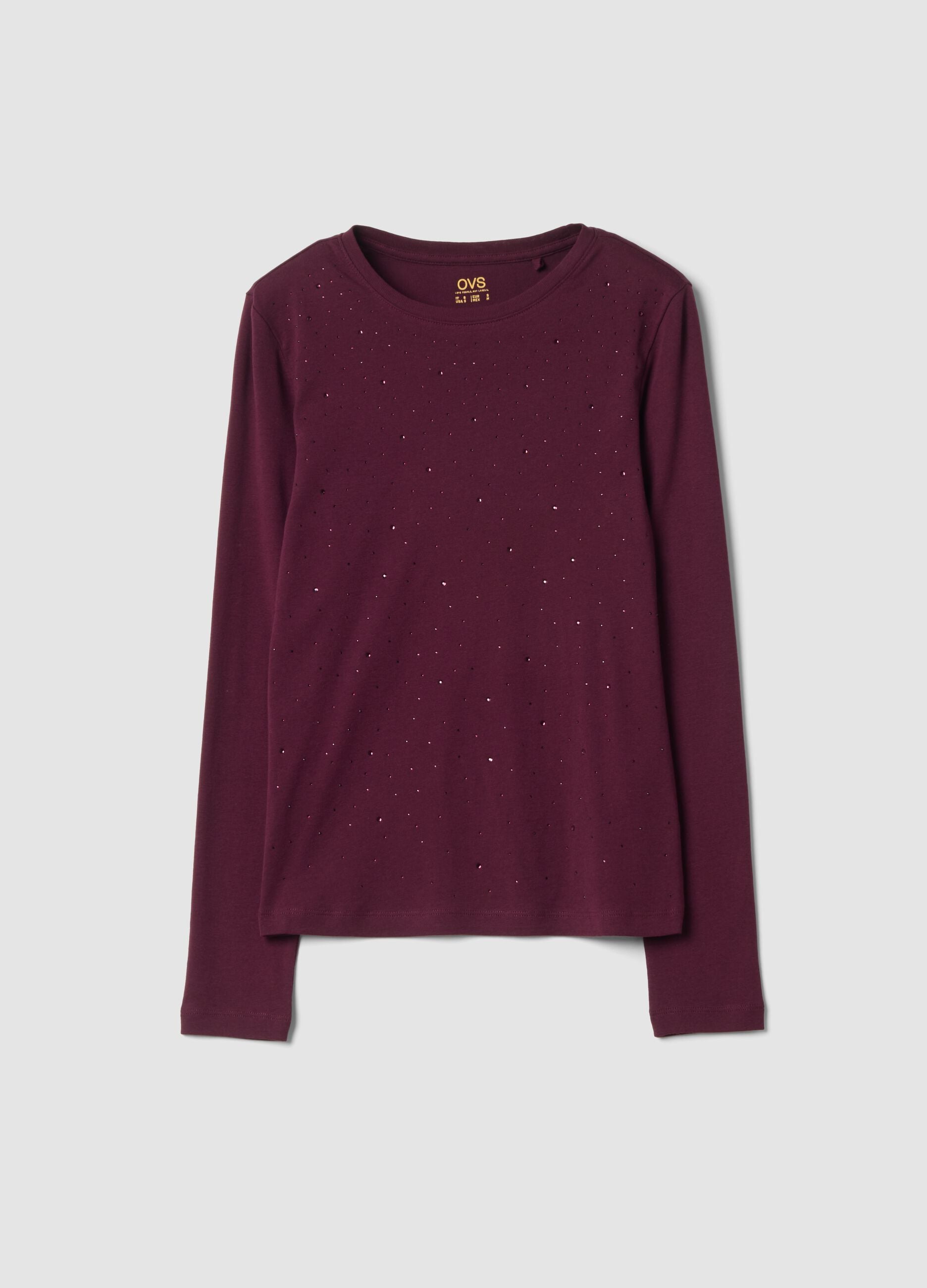 Purple crew-neck pure cotton T-shirt with rhinestones, regular fit
