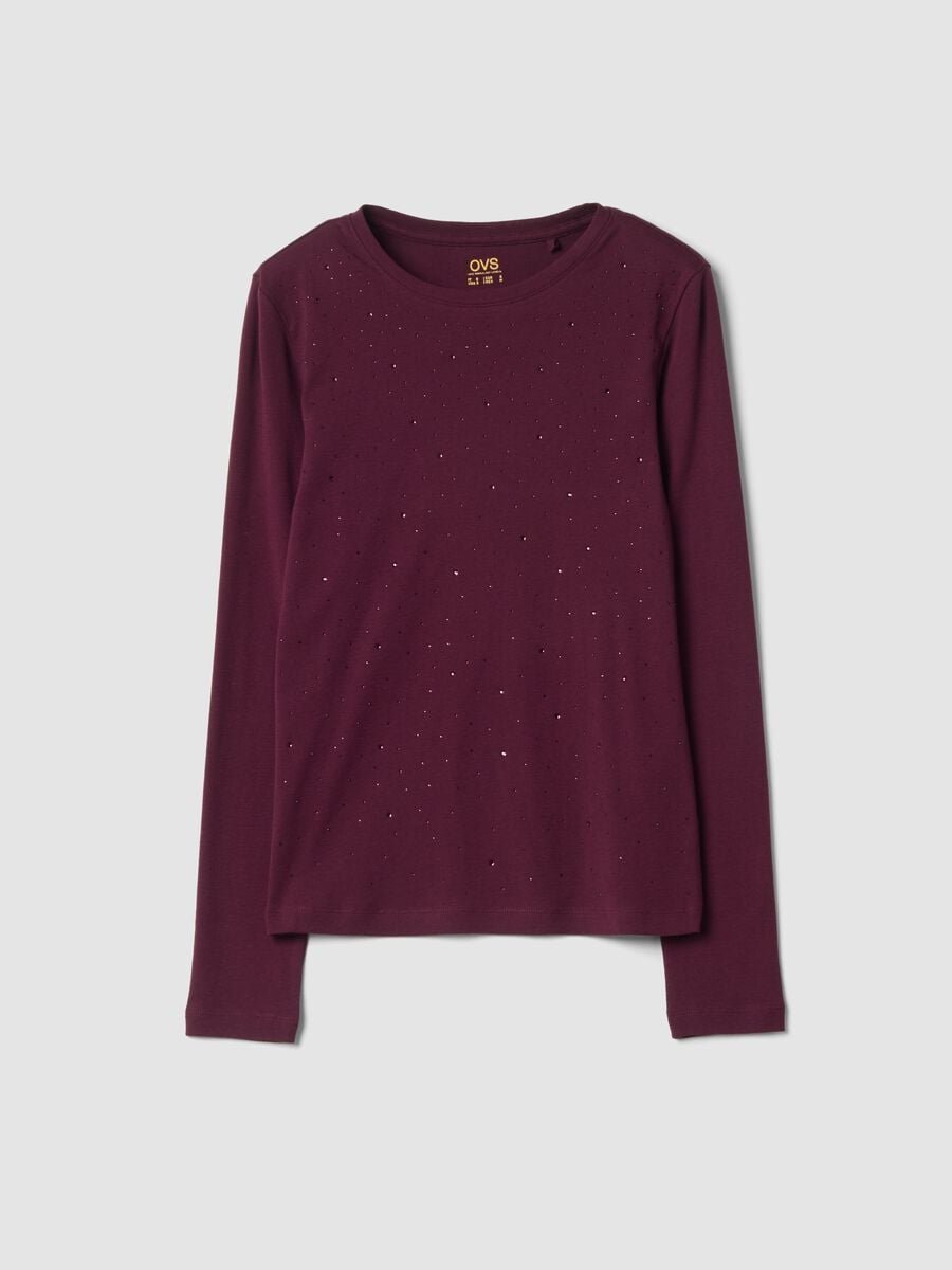T-shirt viola girocollo in puro cotone con strass regular fit_0