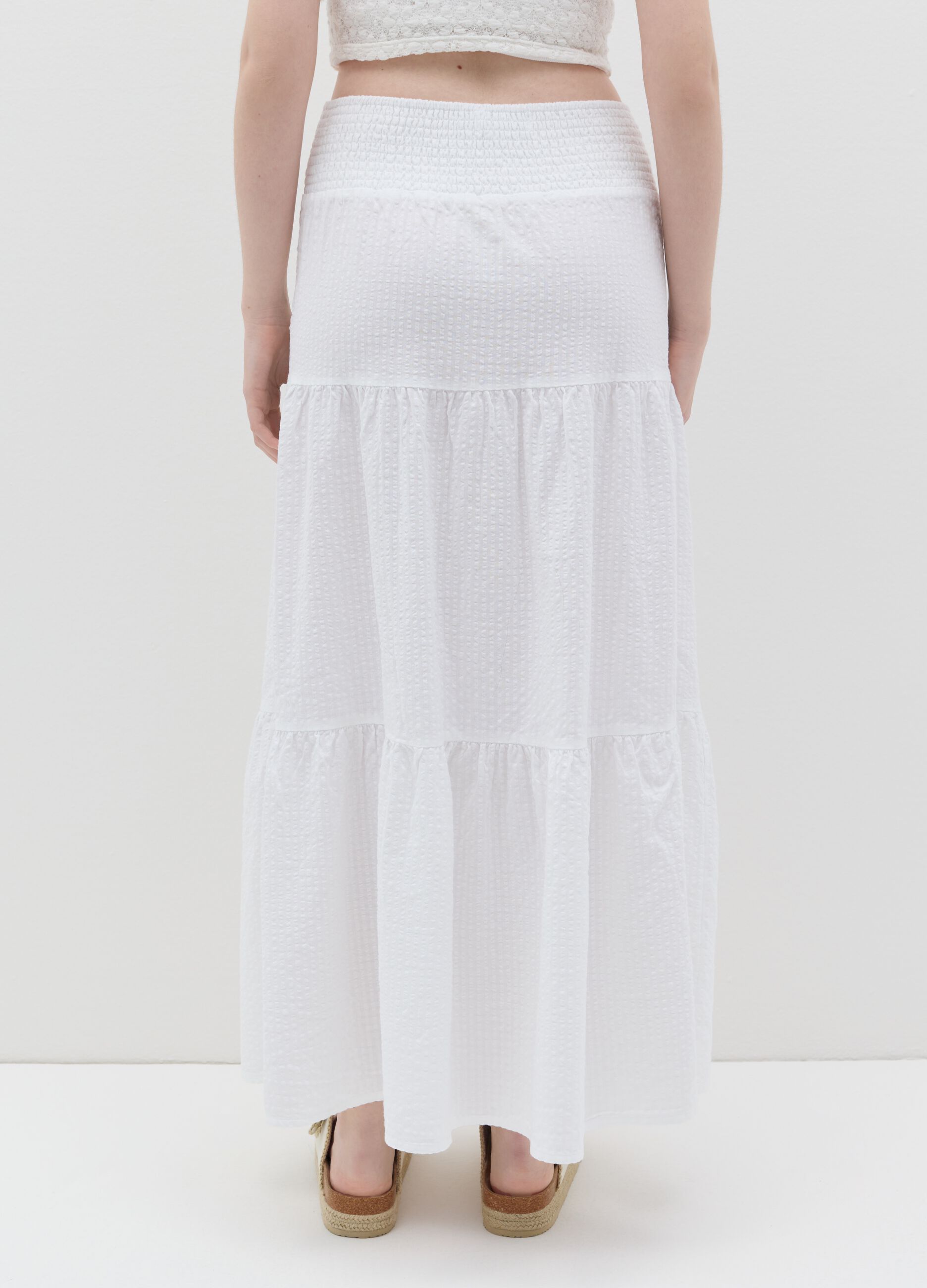 Long white tiered skirt in seersucker
