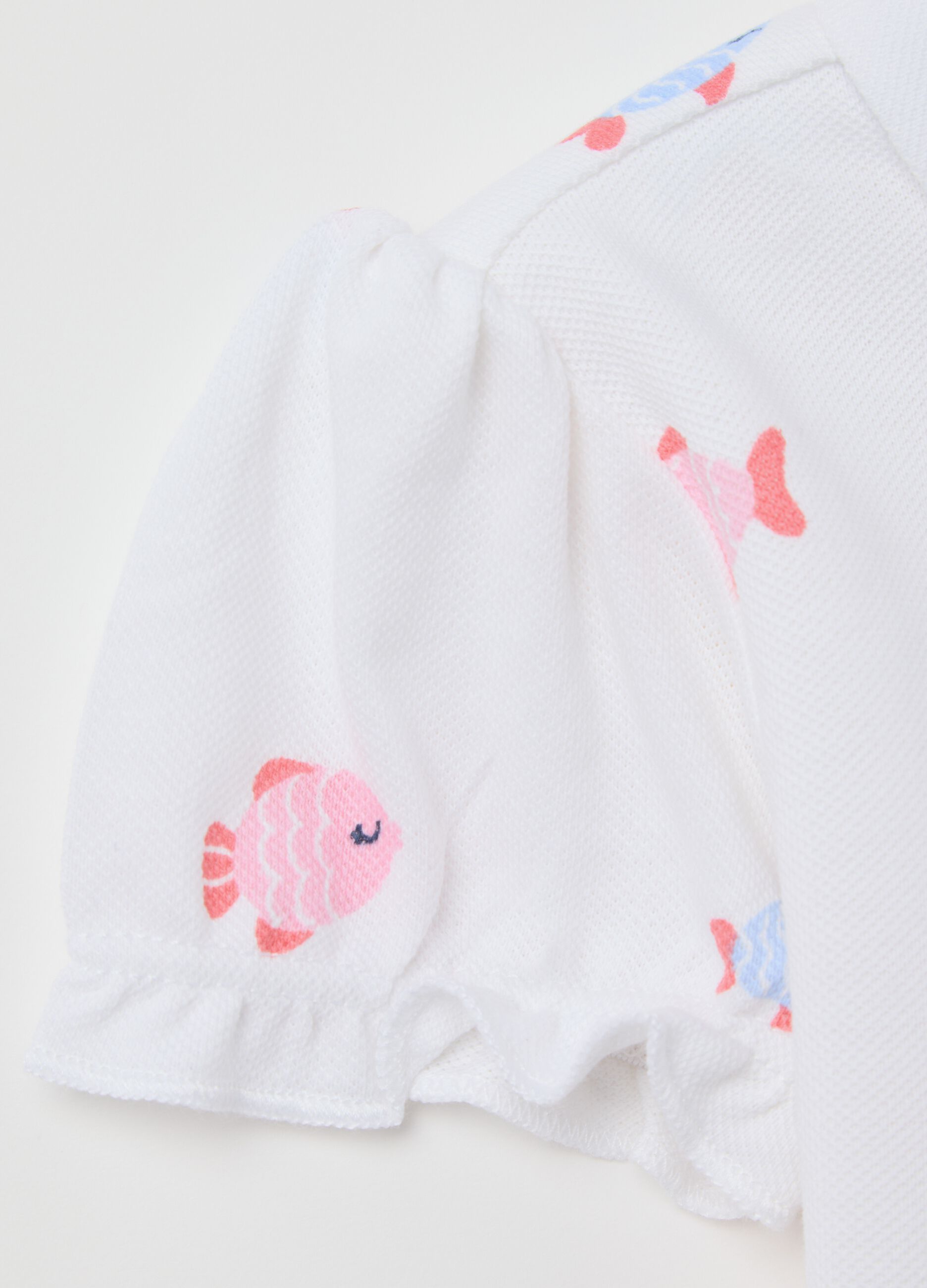 White Polo with Colourful Fish in Cotton