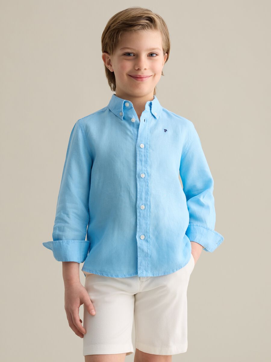 Light blue linen shirt with logo embroidery_0