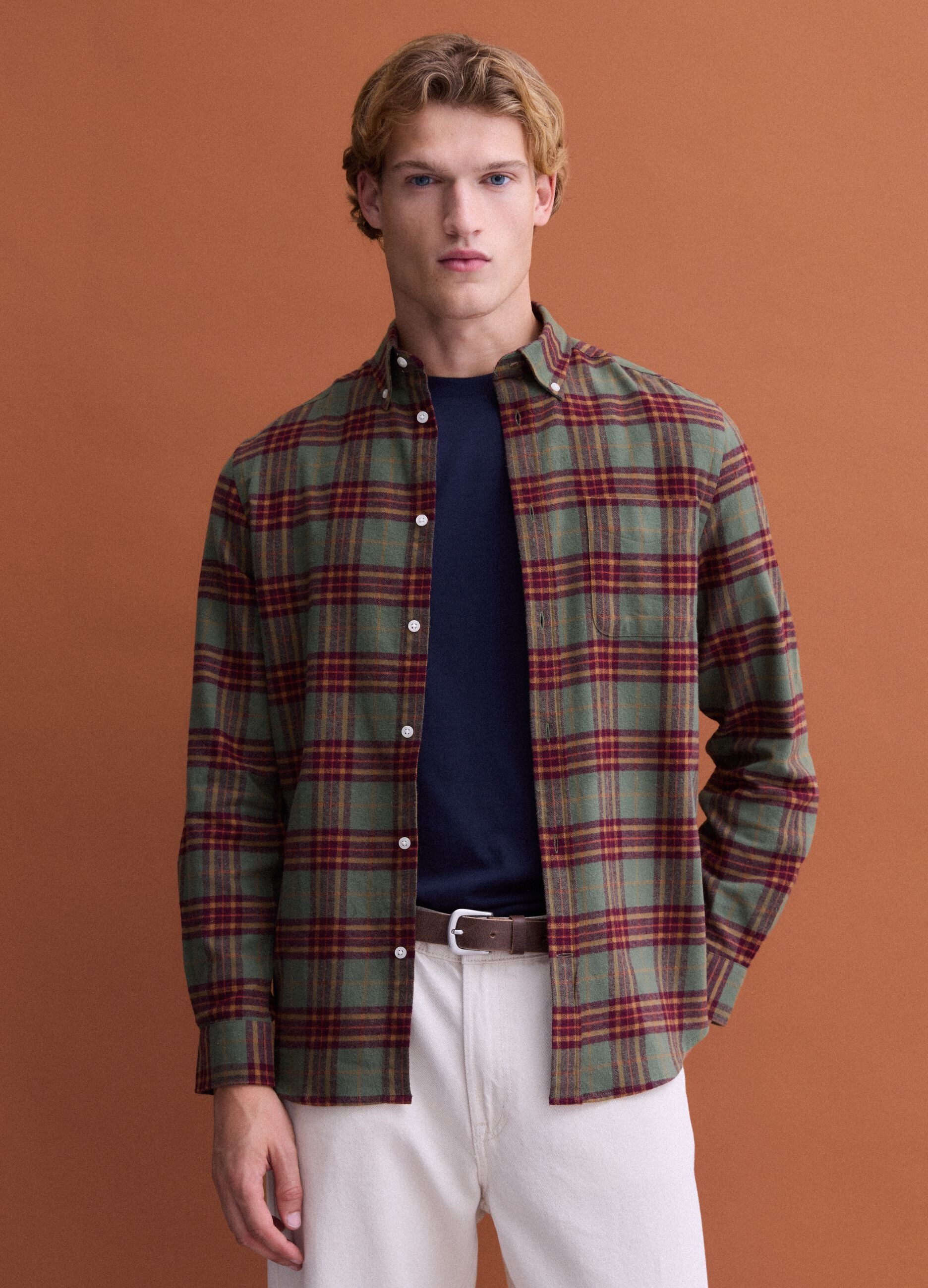 Green and yellow checked pure cotton flannel shirt, regular fit