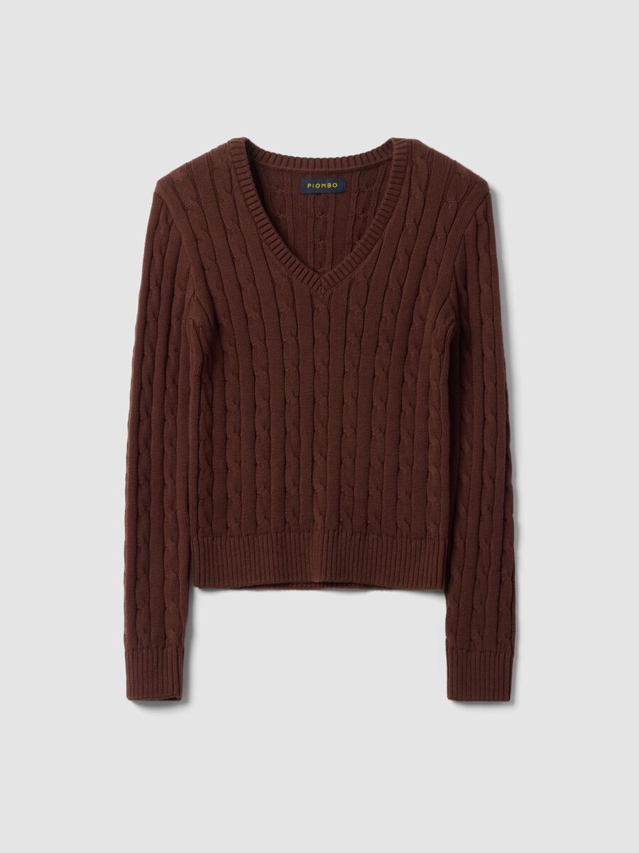 Maglia marrone in puro cotone a trecce con scollo profondo a V_0