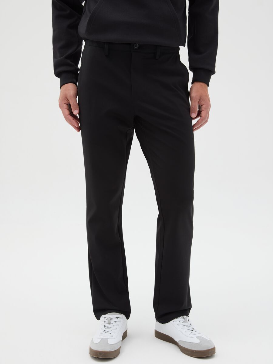Black cotton blend regular fit chinos_1