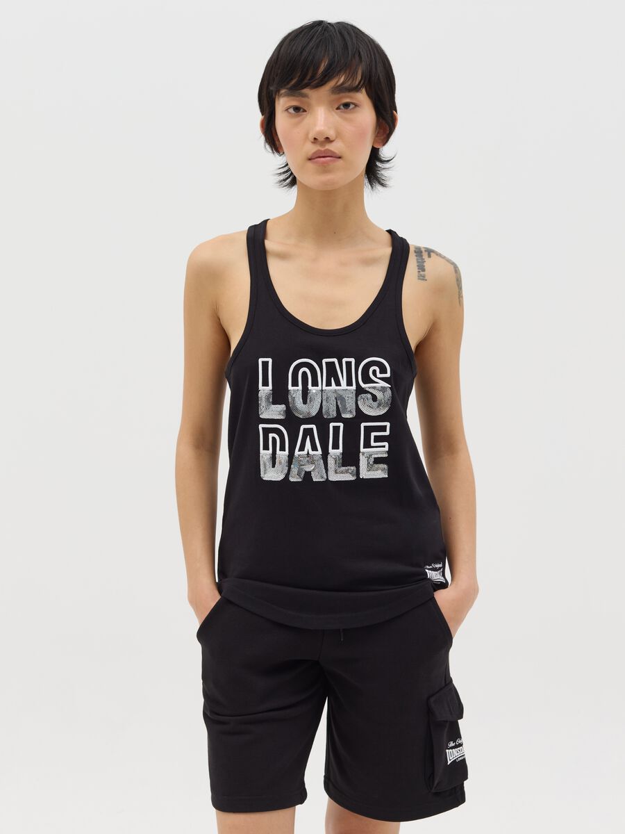 Black tank top in cotton with sequinned logo_0