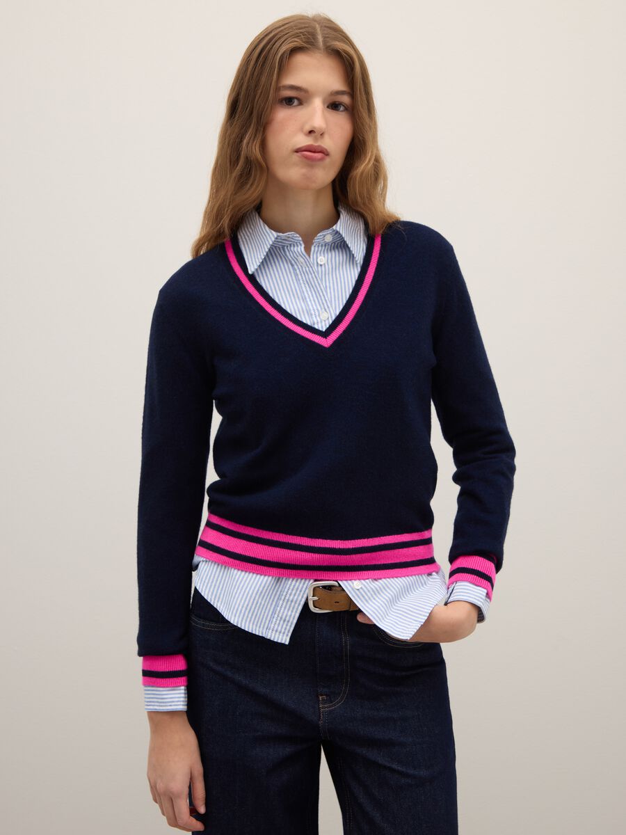 Multicolour blue pure wool sweater with striped regular fit_0
