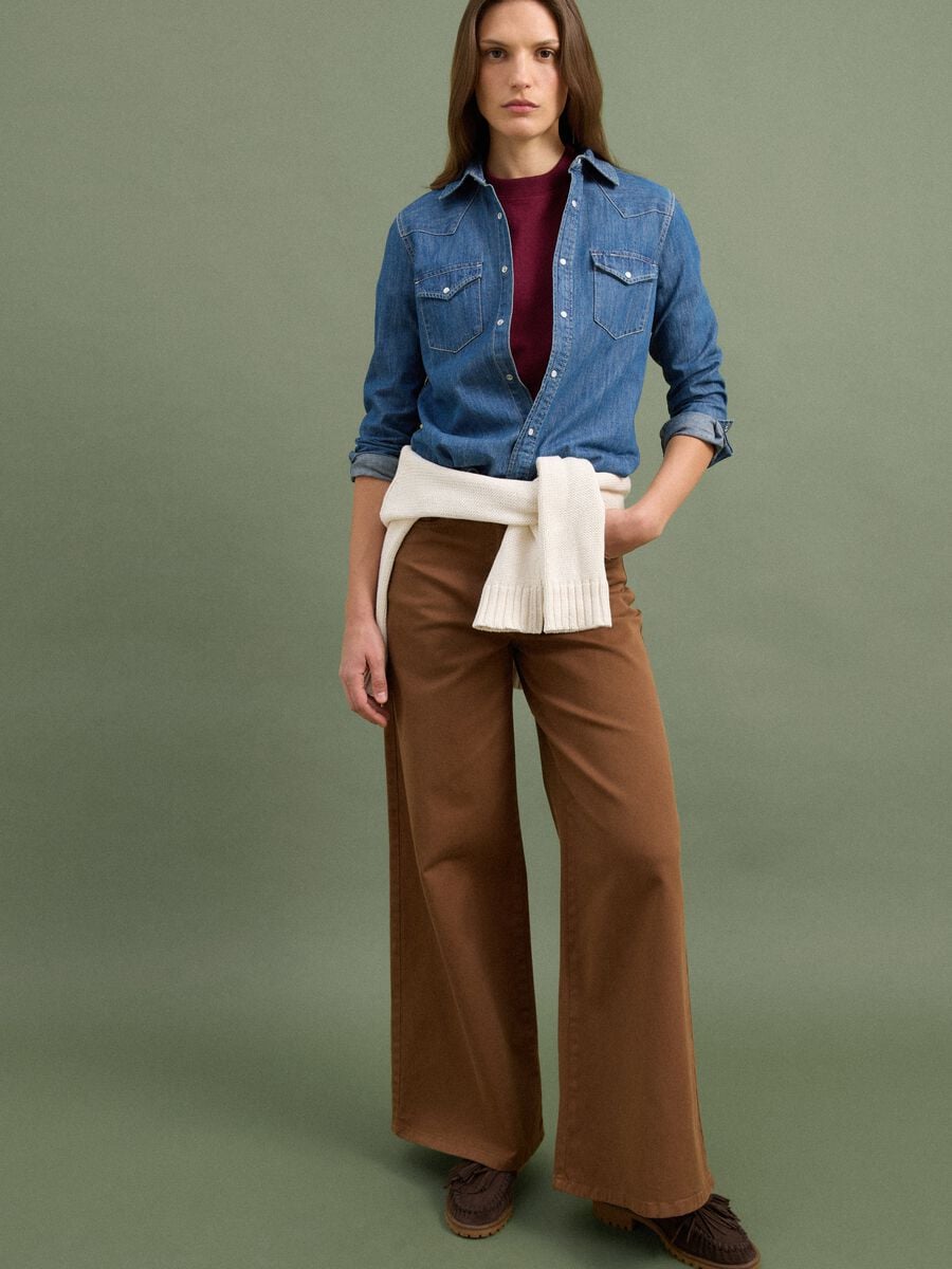 Pantaloni marroni in cotone elasticizzato wide leg_0