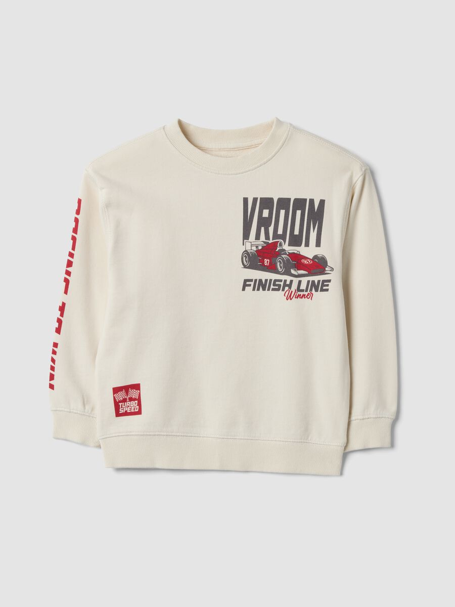 White 100% cotton crew-neck sweatshirt with racing print, oversized fit_0