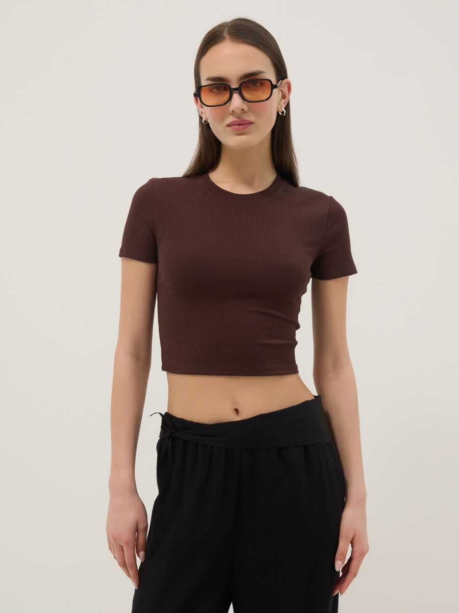 Brown ribbed fitted stretch-cotton T-shirt_1