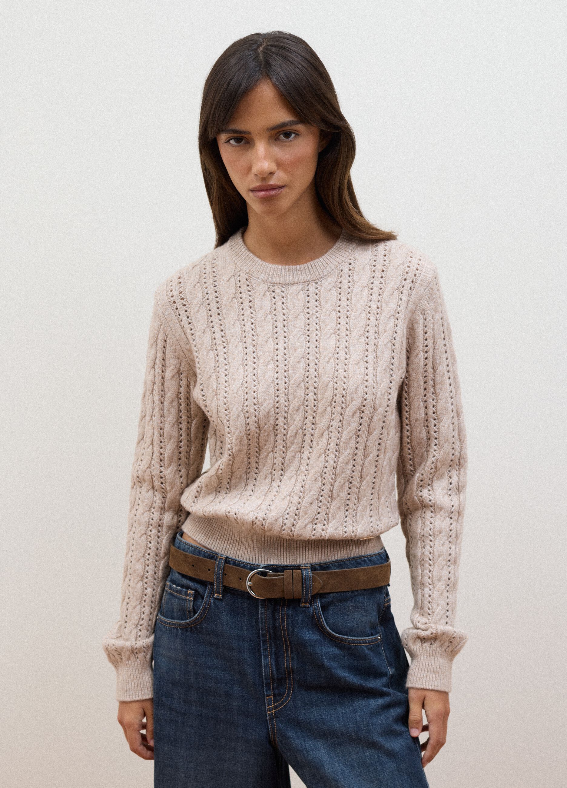 Beige cable-knit wool-blend crew-neck jumper, regular fit