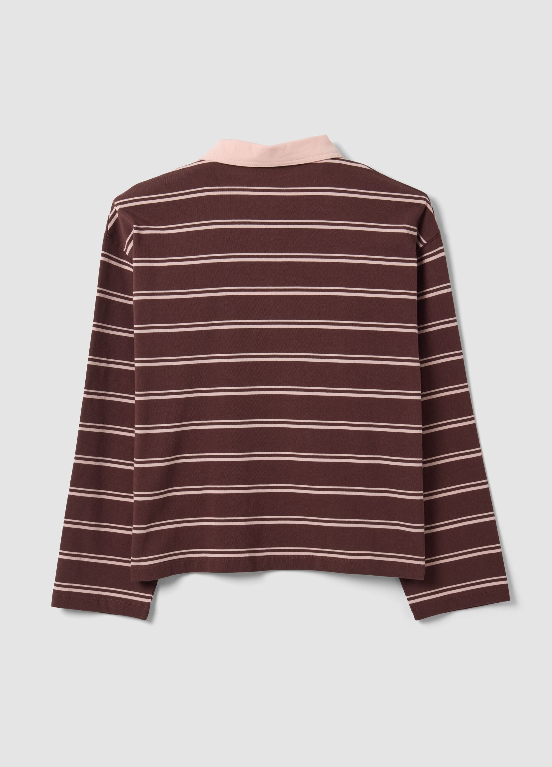 Brown striped long-sleeve pure cotton polo shirt, regular fit