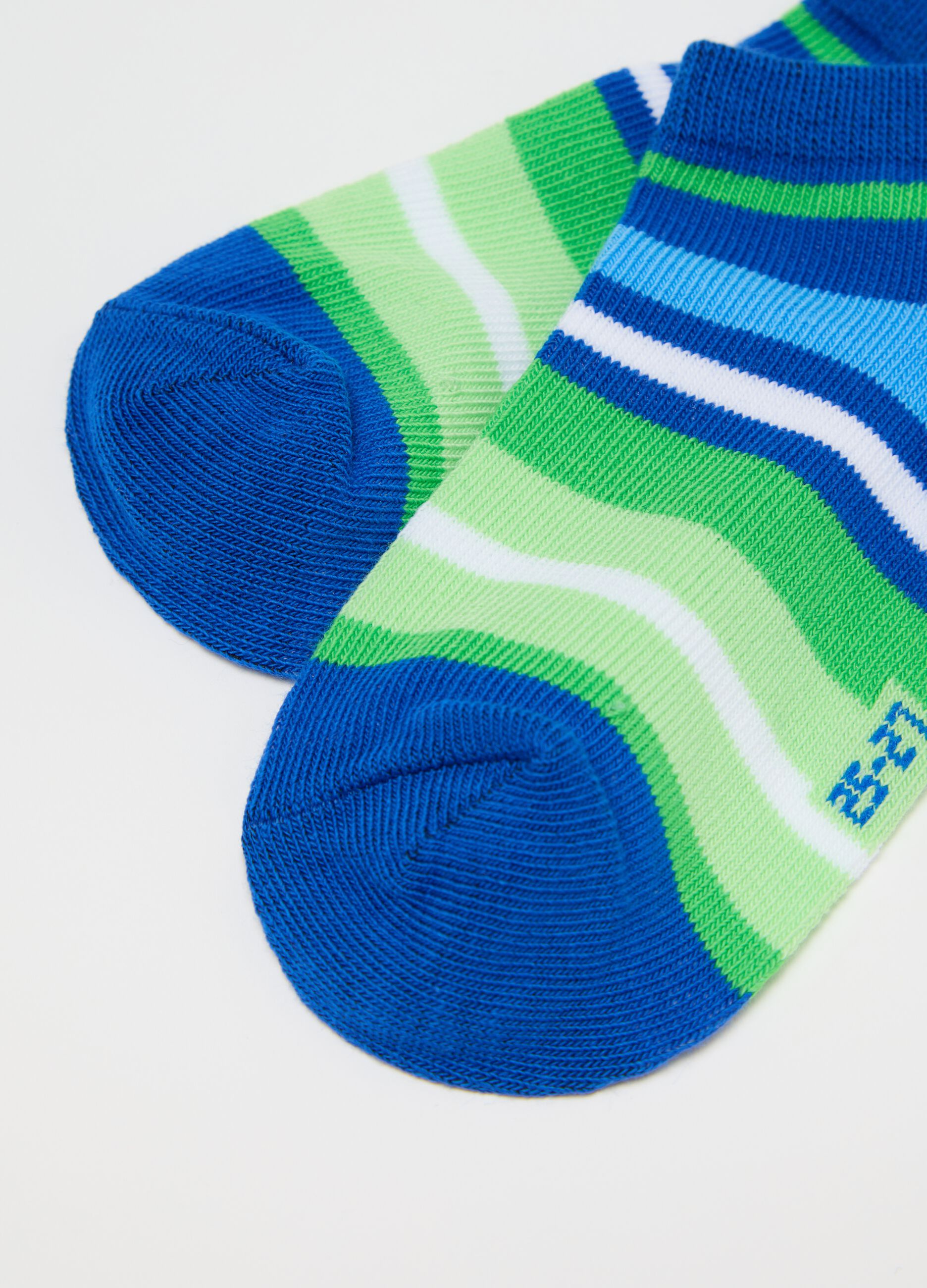 Three-pair pack blue and green stretch shoe liners with striped pattern