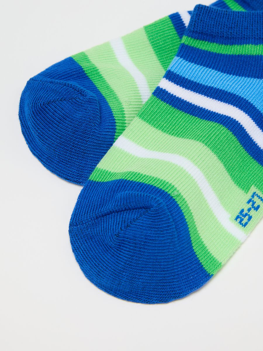 Three-pair pack blue and green stretch shoe liners with striped pattern_2