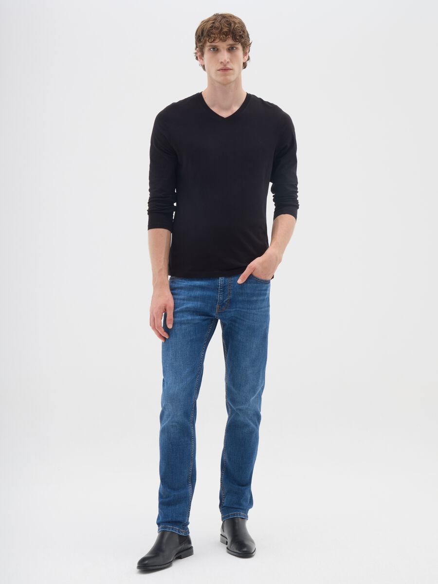 Blue denim stretch cotton slim fit jeans_0