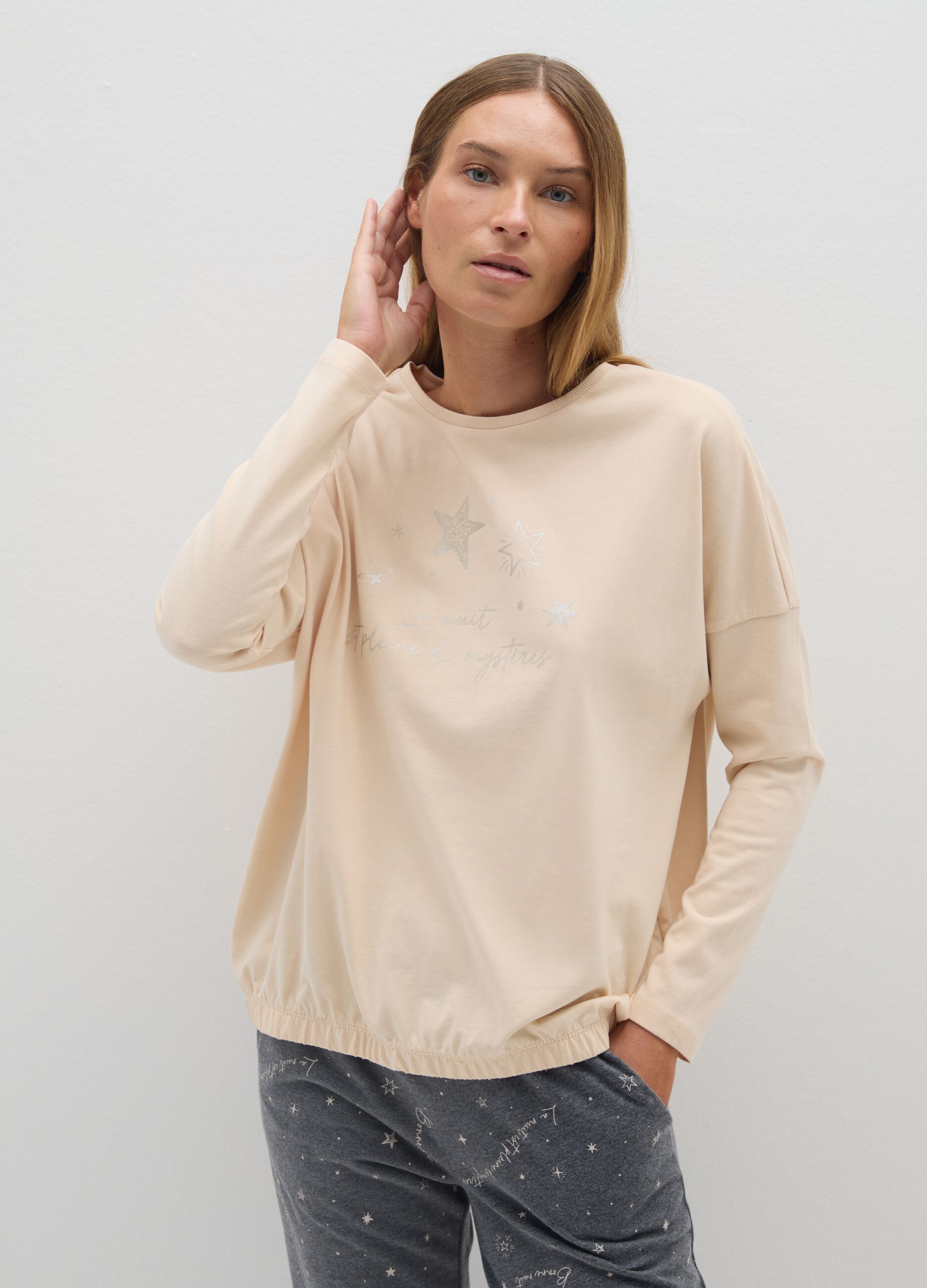 Beige regular fit pure cotton pyjama top