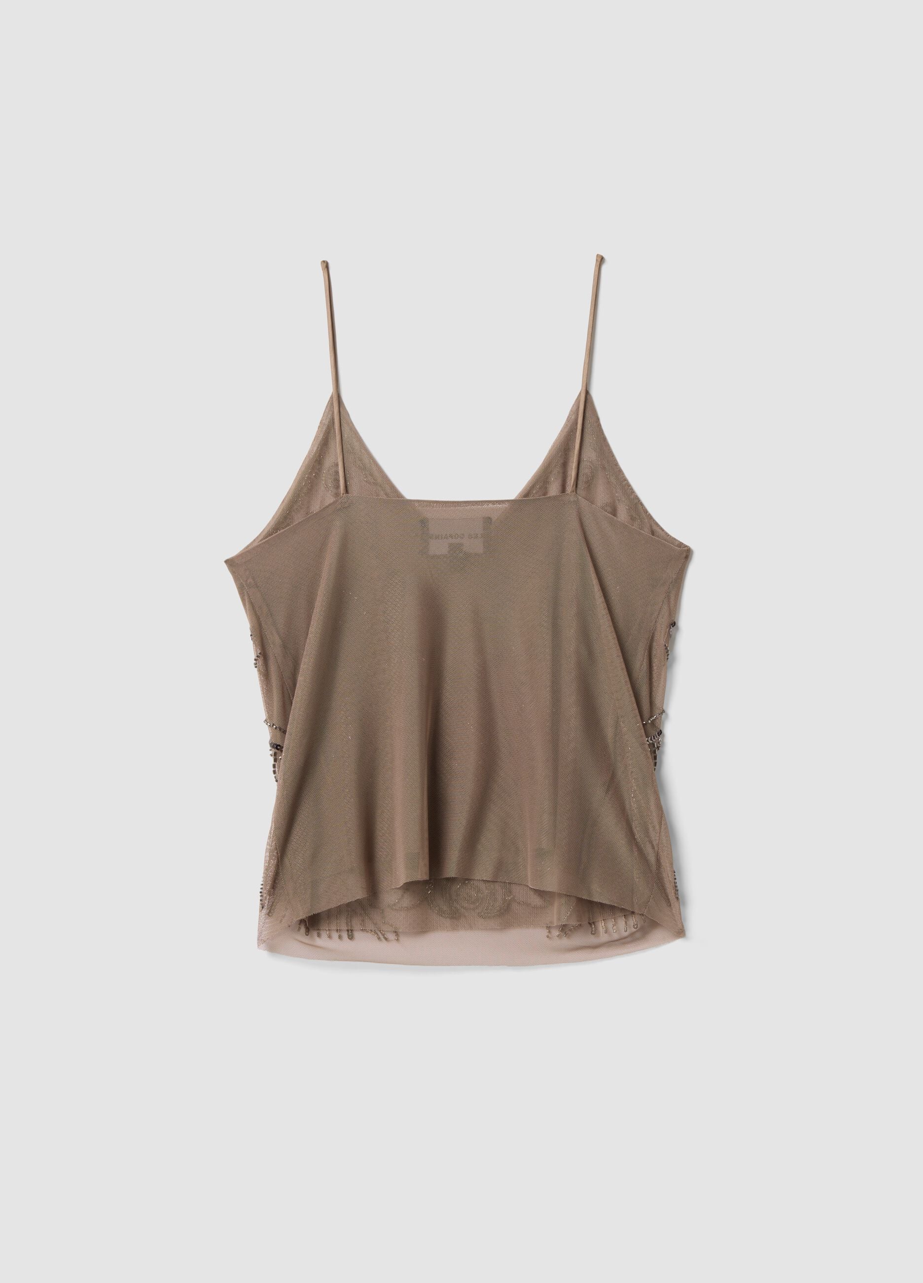Beige fitted tank top with thin straps in stretch fabric