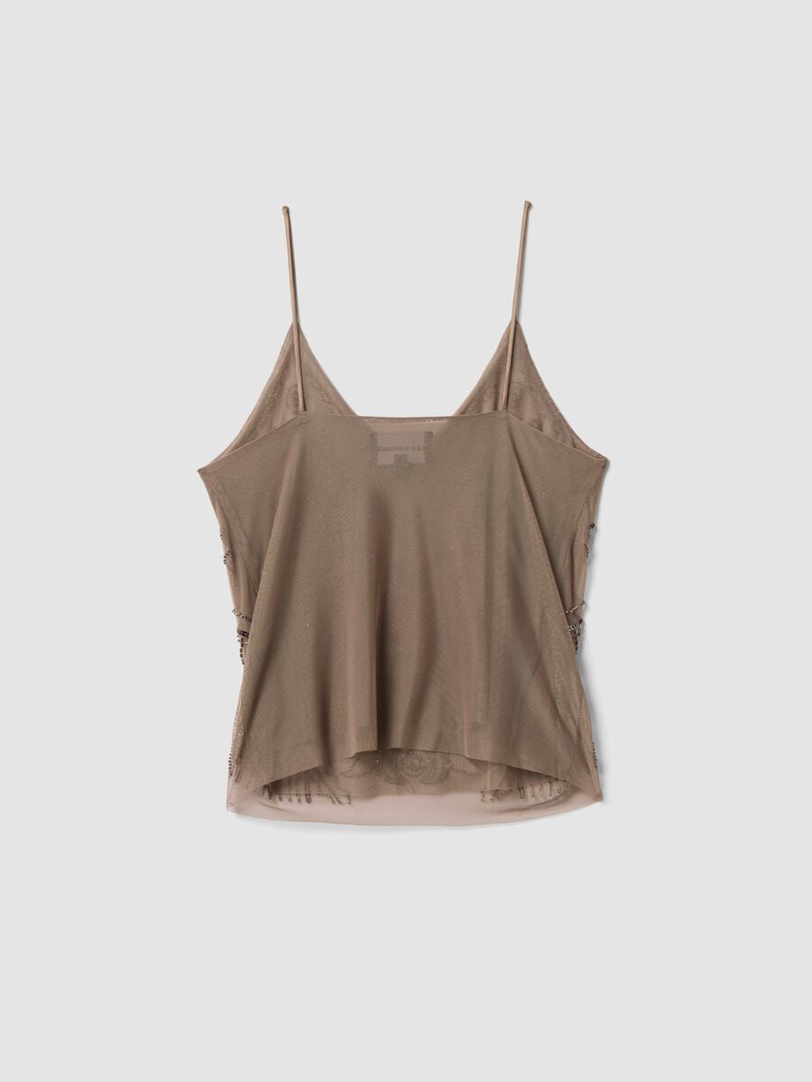 Beige fitted tank top with thin straps in stretch fabric_1