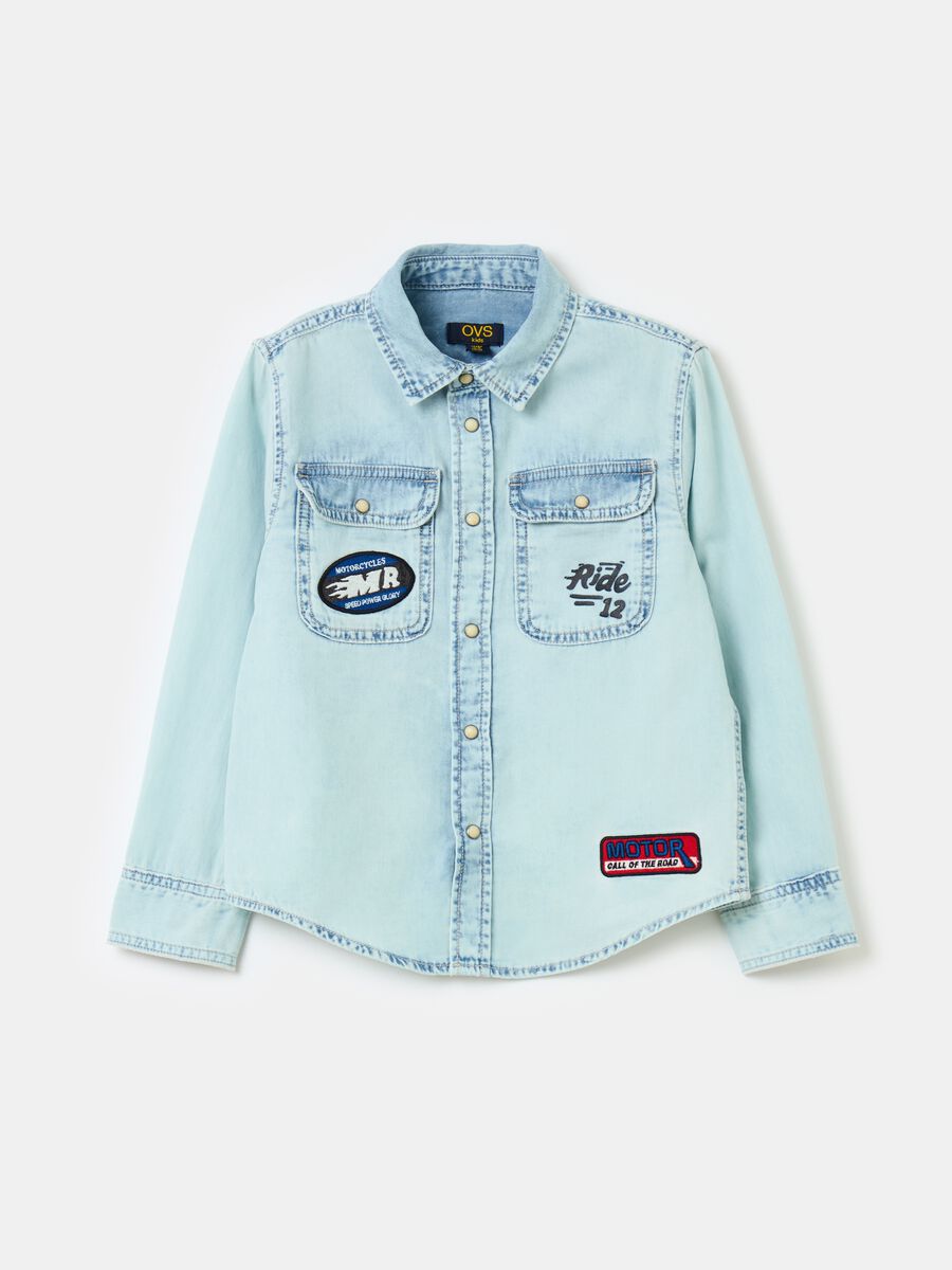 Denim shirt with patch and motorcycle embroidery_0