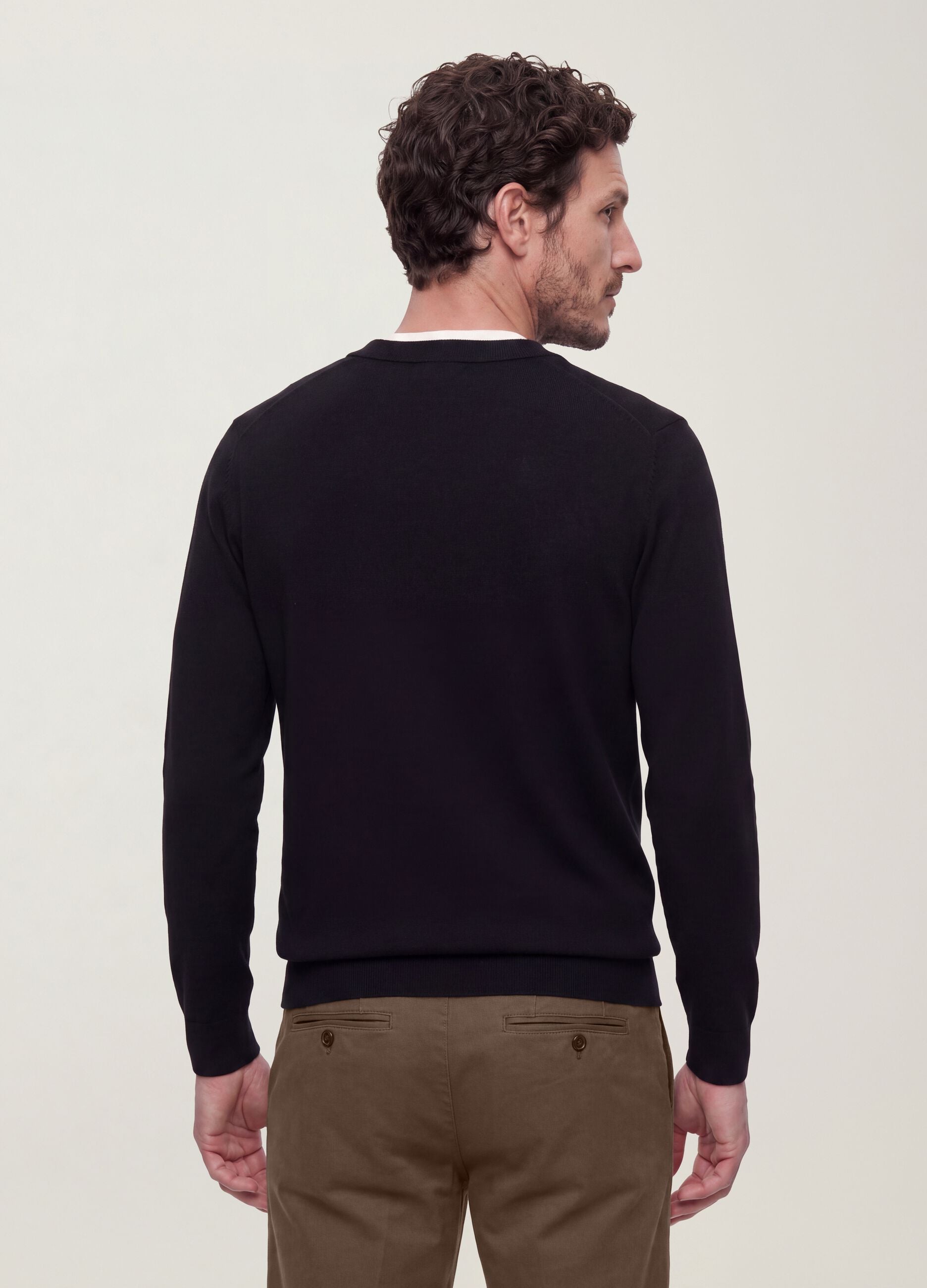 Black viscose-blend polo shirt with V-neck and regular fit collar