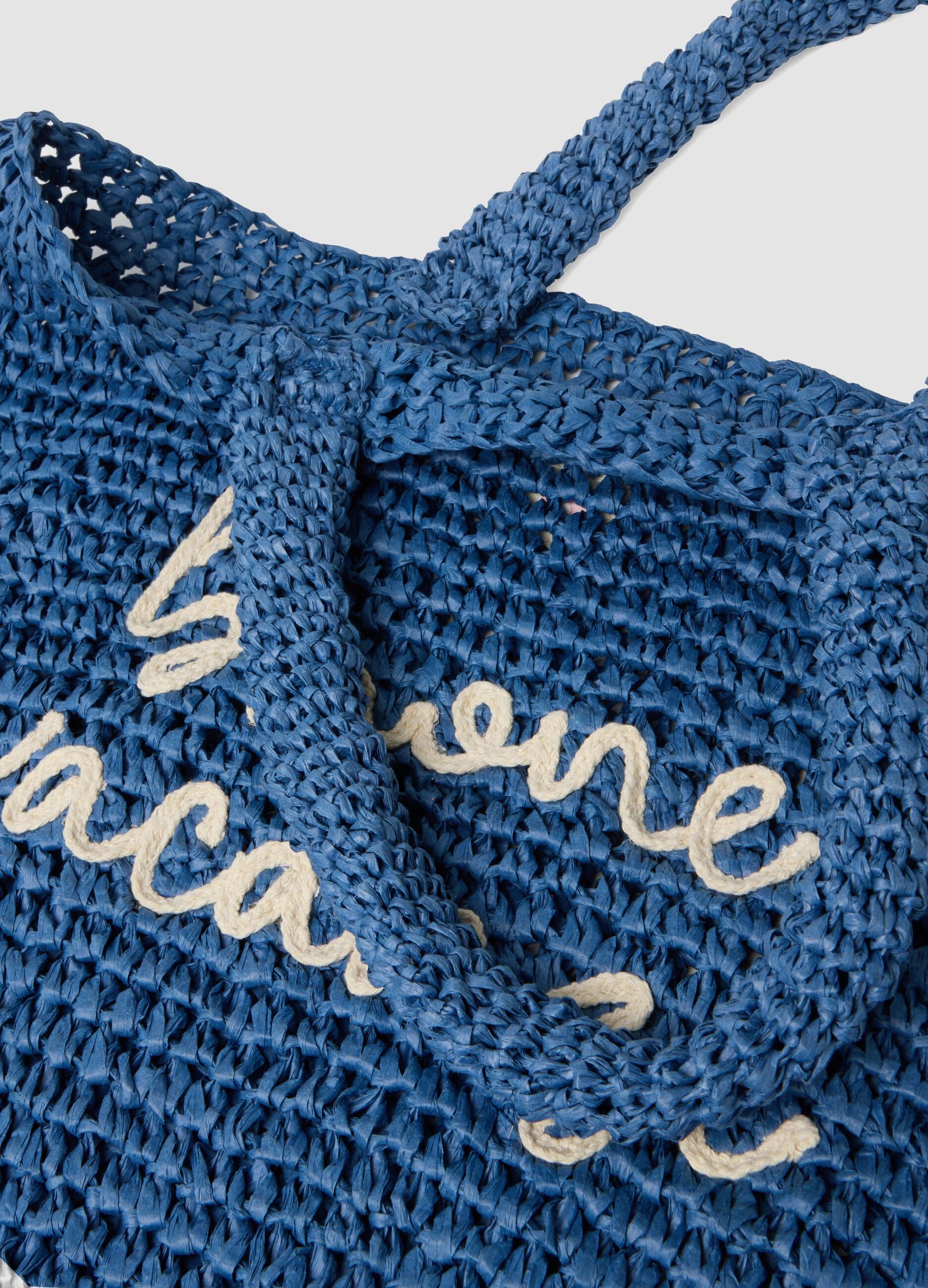 Blue beach bag in pure woven paper fabric