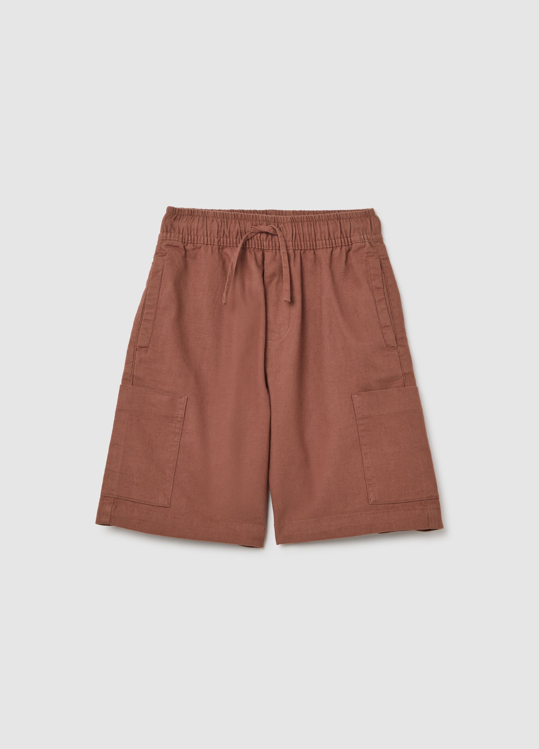 Children's regular fit brown linen blend shorts with cargo pockets