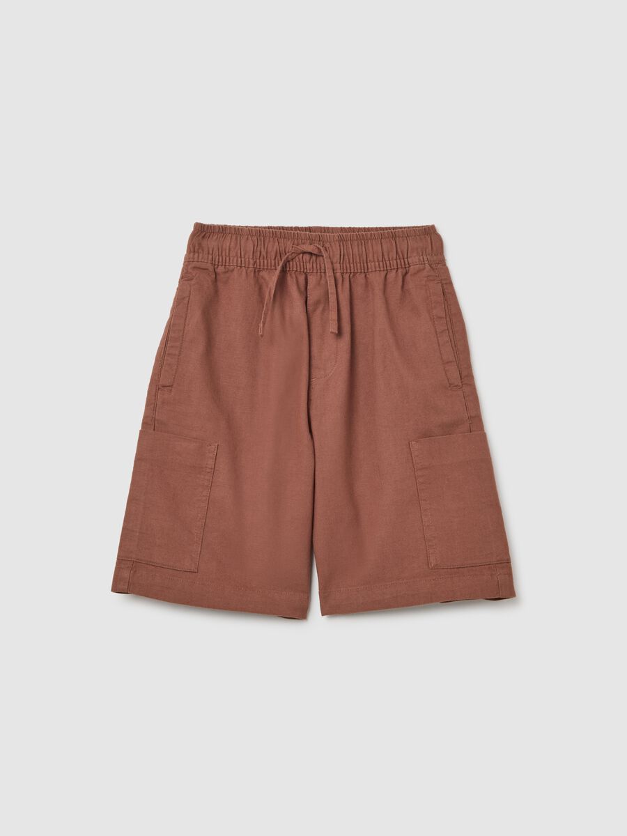 Children's regular fit brown linen blend shorts with cargo pockets_0