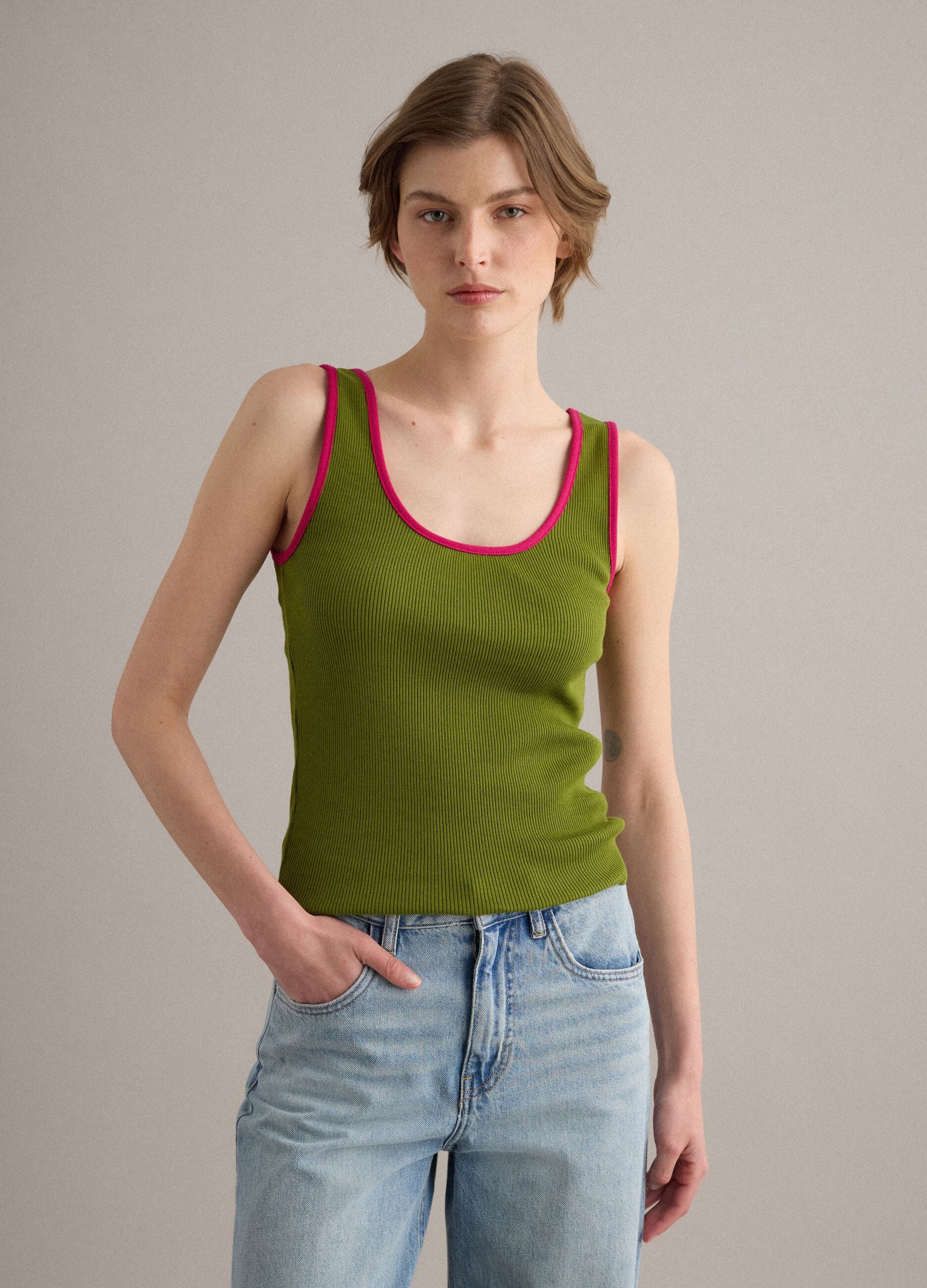 Green pure cotton ribbed tank top