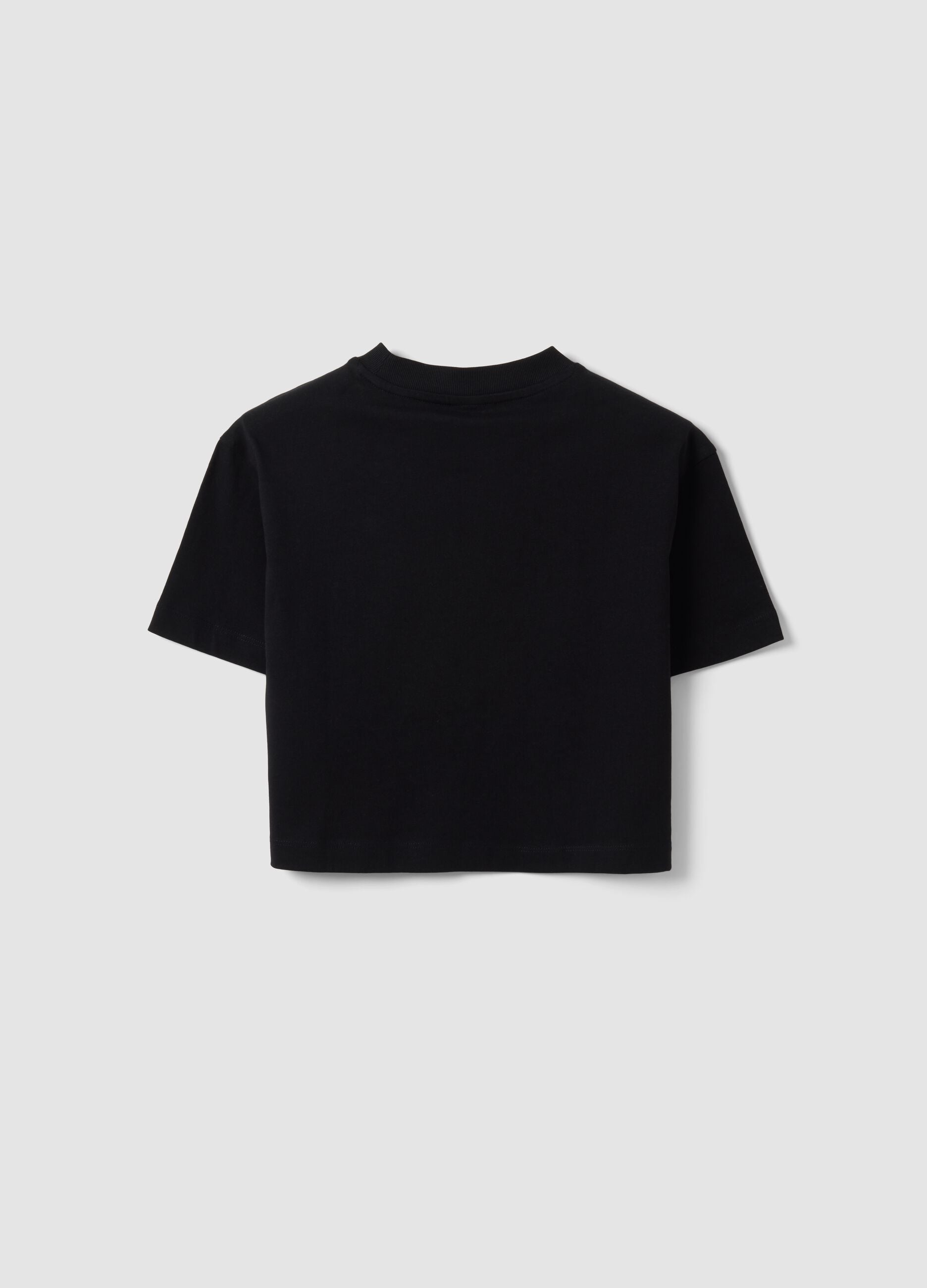 T-shirt nera cropped in puro cotone con stelle applicate per ragazza