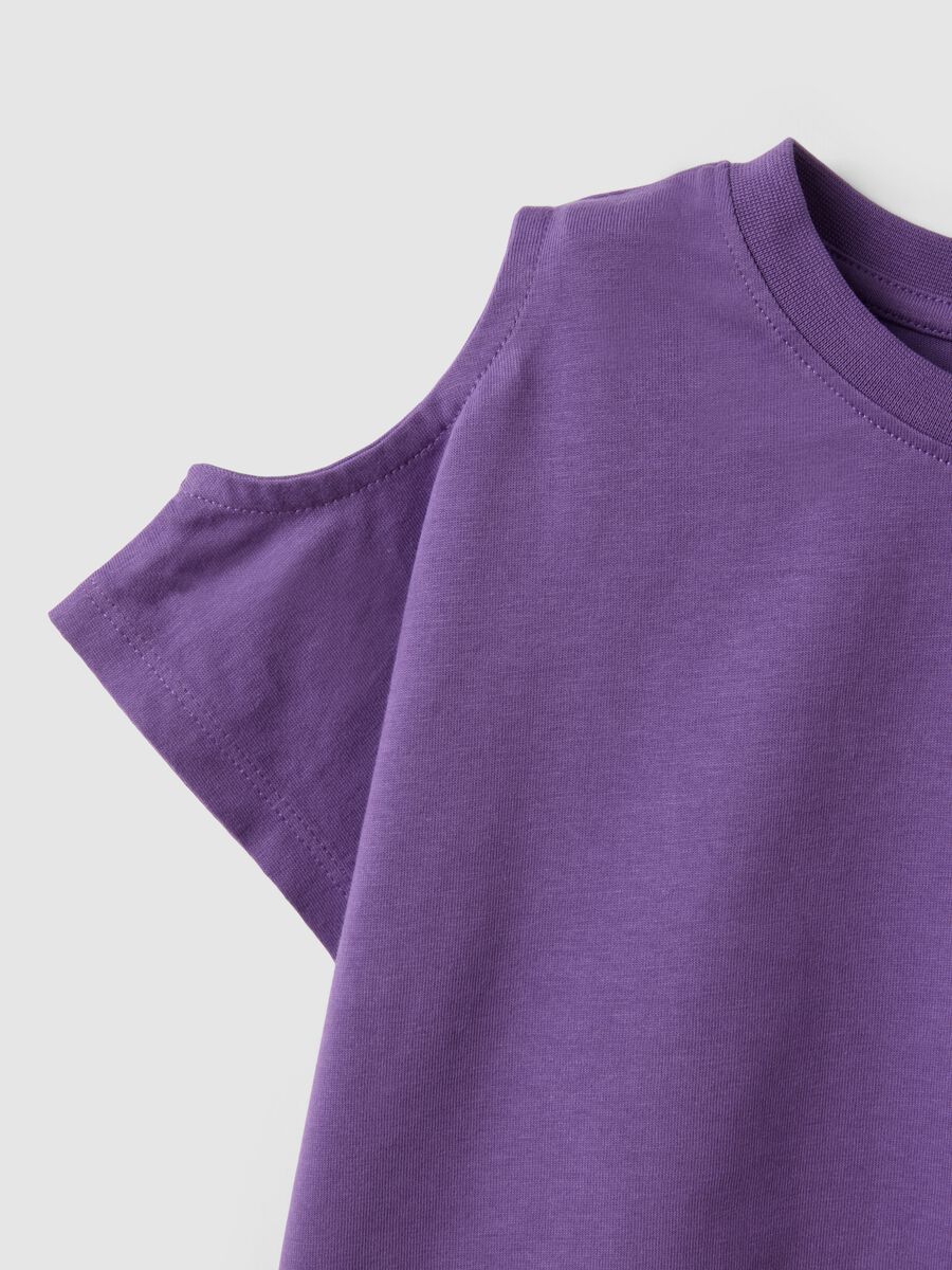 Purple pure cotton girls&rsquo; T-shirt with embroidery and cut-out sleeves_3