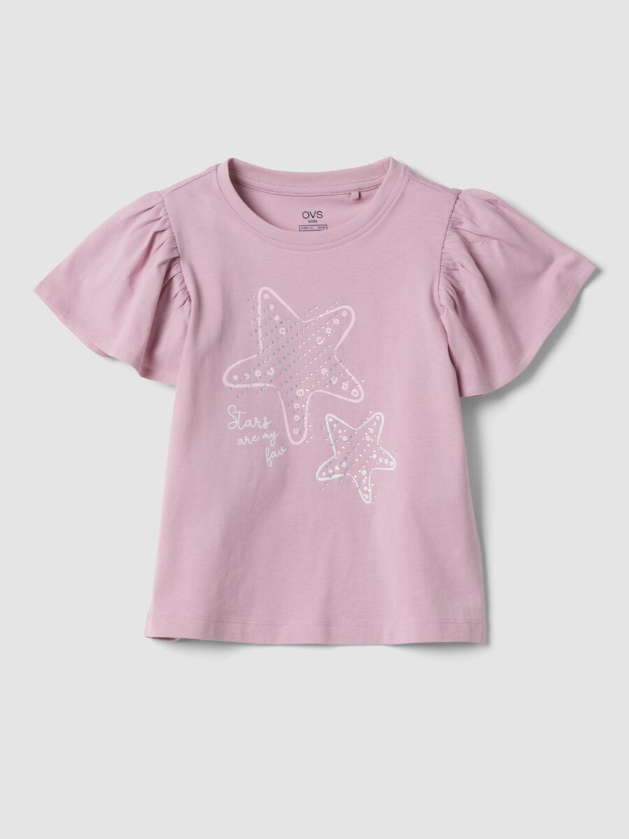 Girls&rsquo; pink pure cotton T-shirt with frill sleeves and rhinestones_0