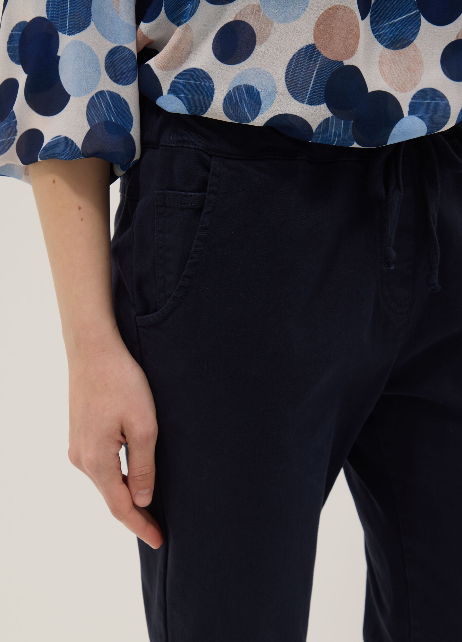 Blue stretch cotton paper bag trousers, regular fit