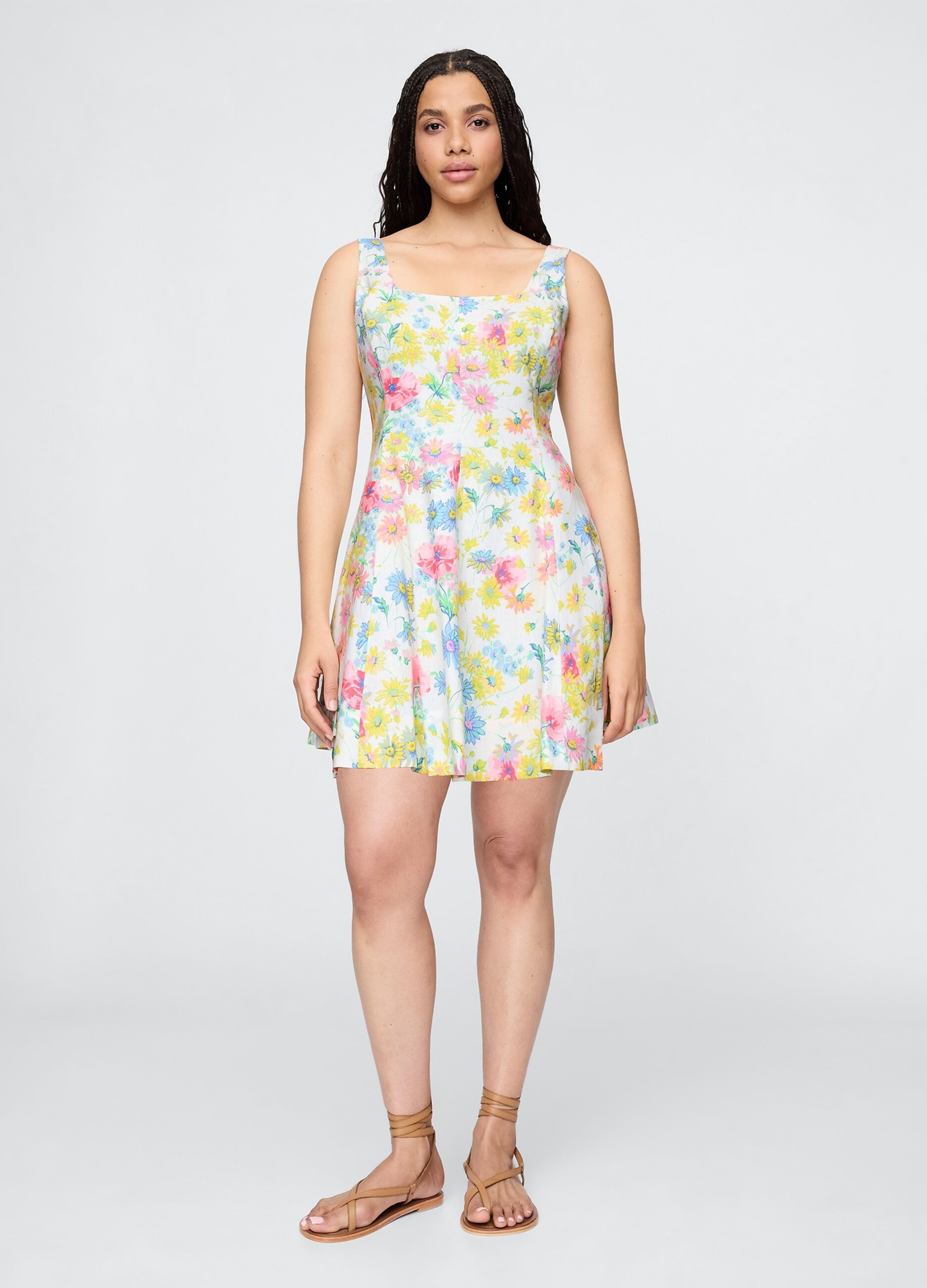 Vestito corto a fiori multicolor in lino e viscosa